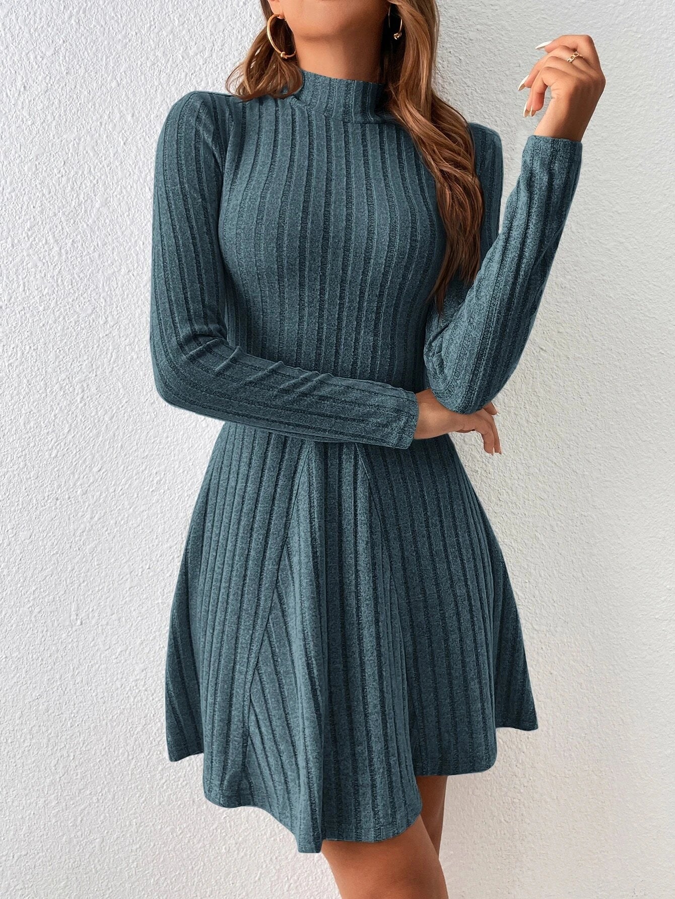 Mock Neck Flare Long Sleeve Mini Dress