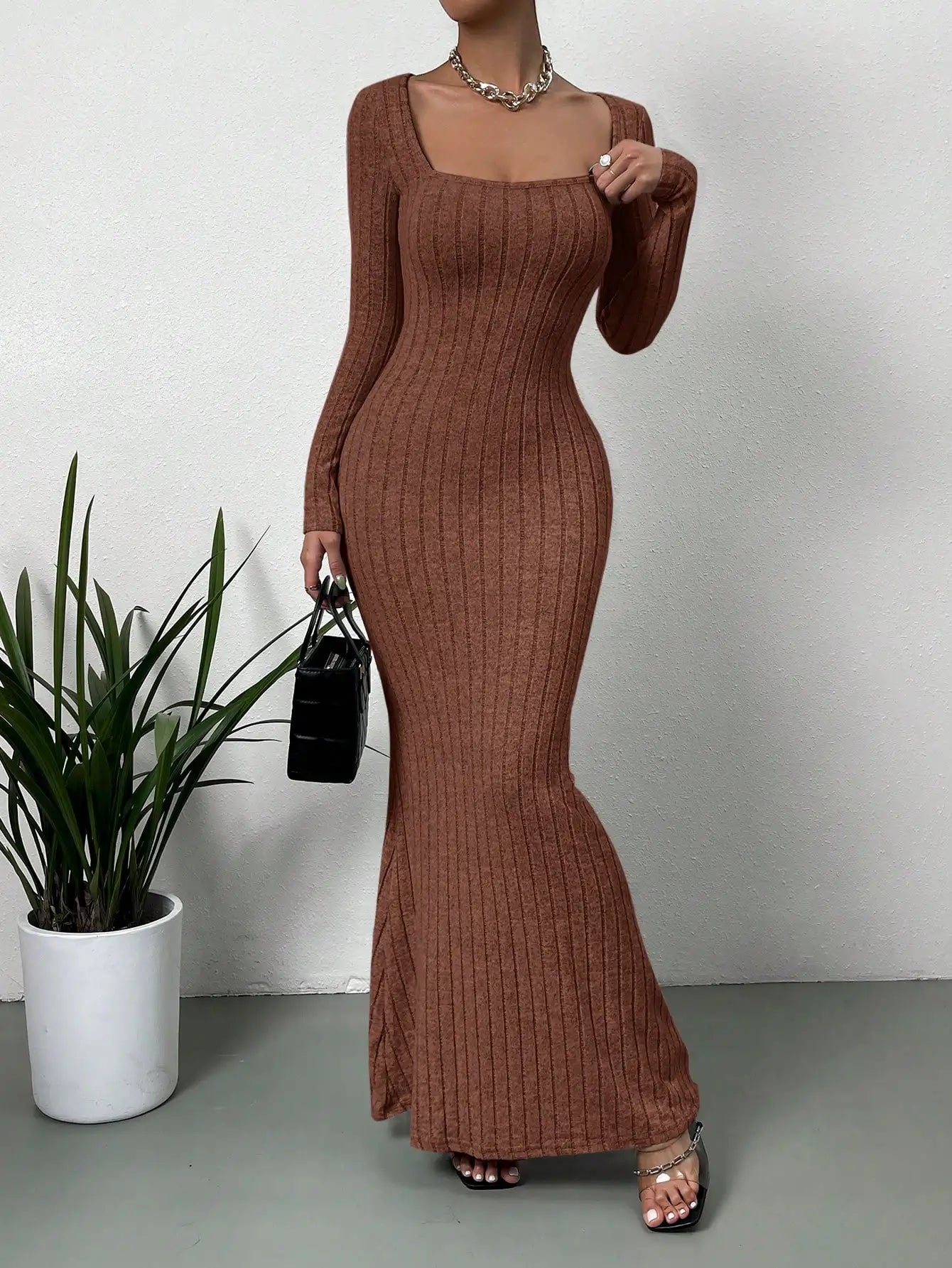 Square Neck Ribbed Knit Maxi Dress