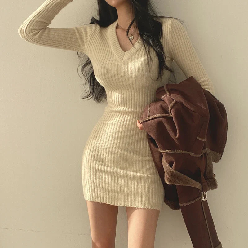 V-Neck Long Sleeve Knit Bodycon Mini Dress