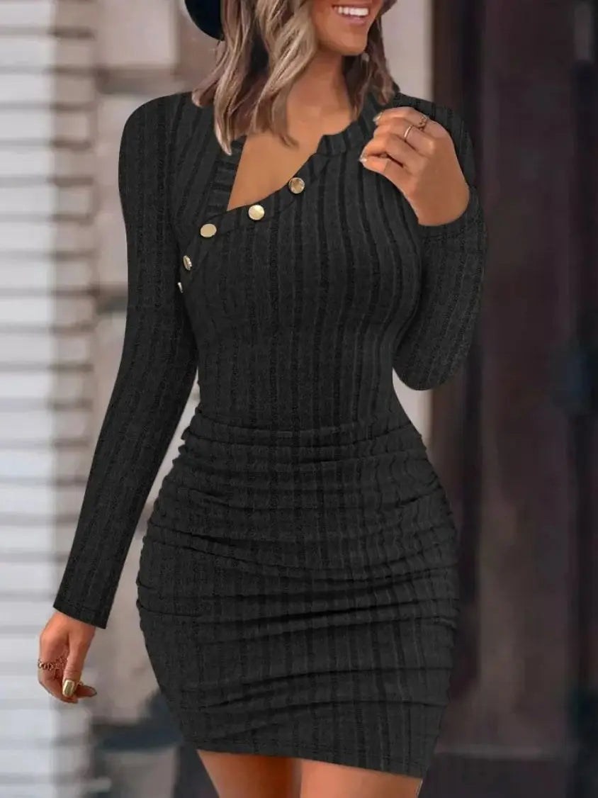 Ribbed Button Wrap Knit Mini Dress
