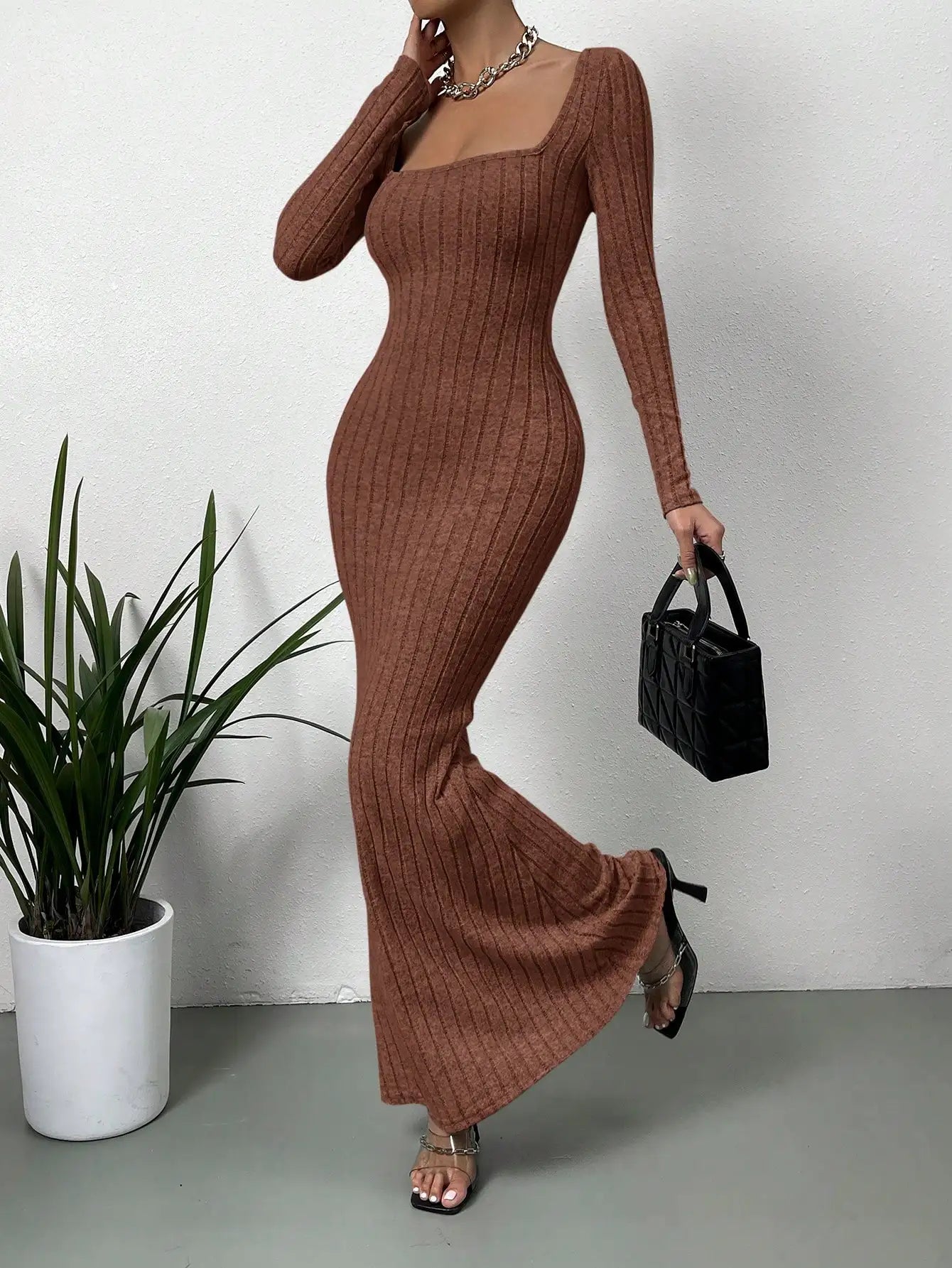 Square Neck Ribbed Knit Maxi Dress