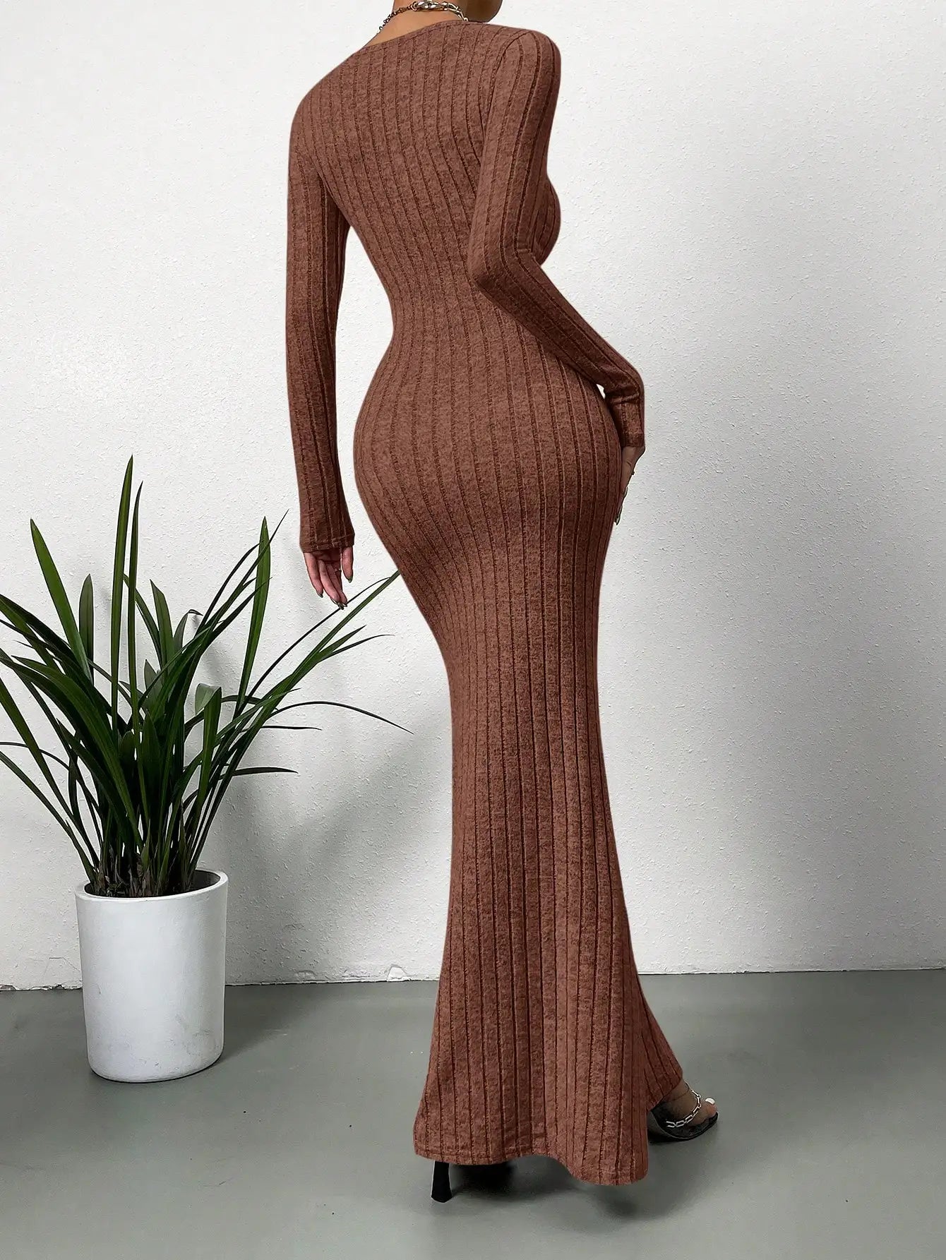 Square Neck Ribbed Knit Maxi Dress