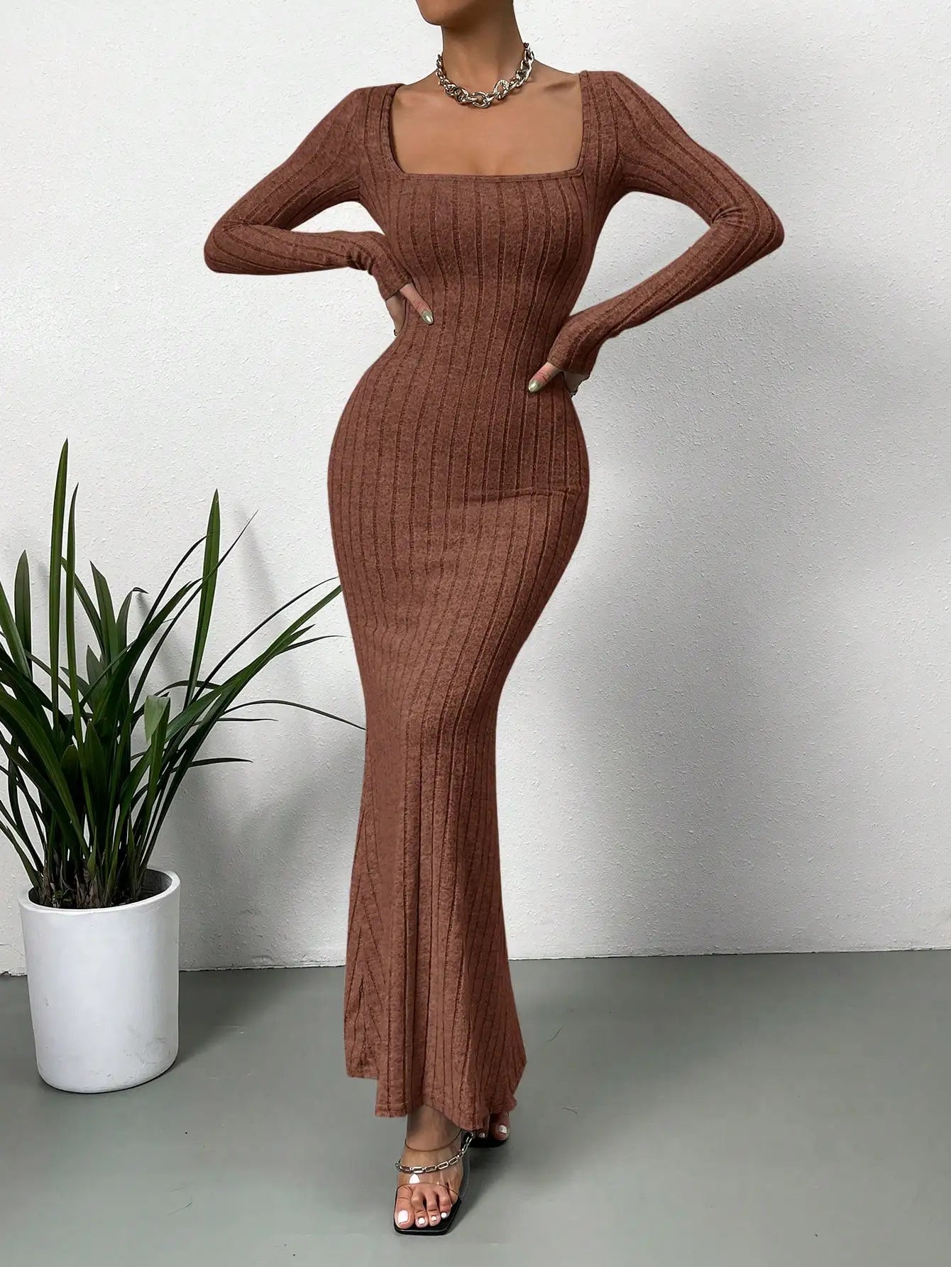 Square Neck Ribbed Knit Maxi Dress