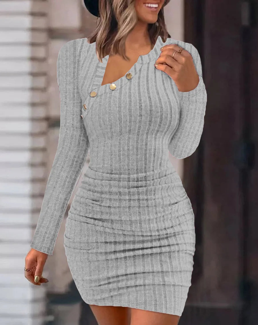 Ribbed Button Wrap Knit Mini Dress