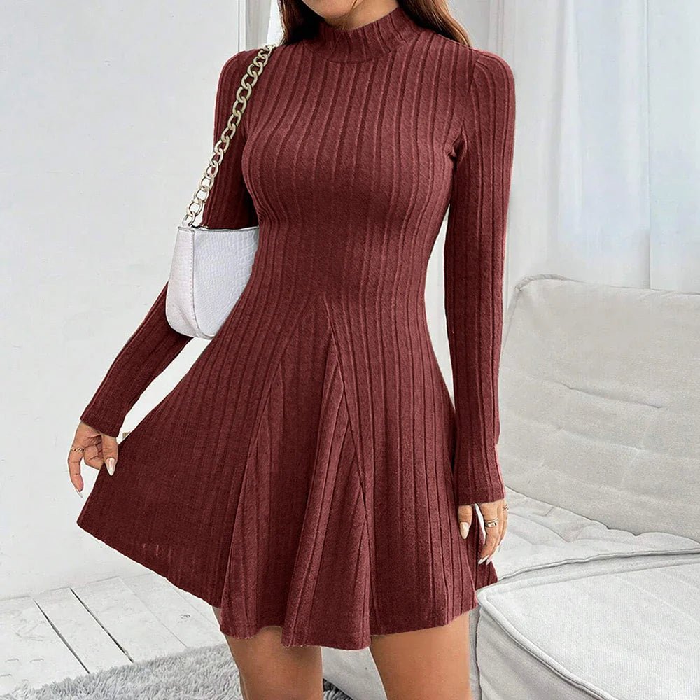 Mock Neck Flare Long Sleeve Mini Dress