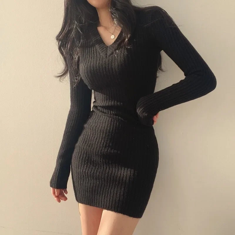 V-Neck Long Sleeve Knit Bodycon Mini Dress