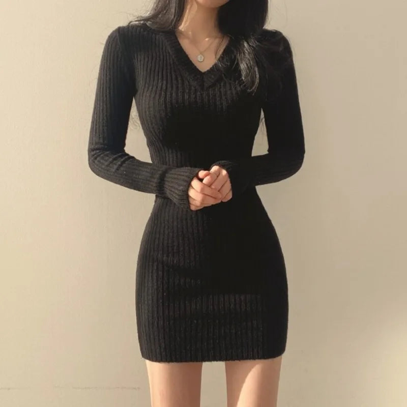 V-Neck Long Sleeve Knit Bodycon Mini Dress