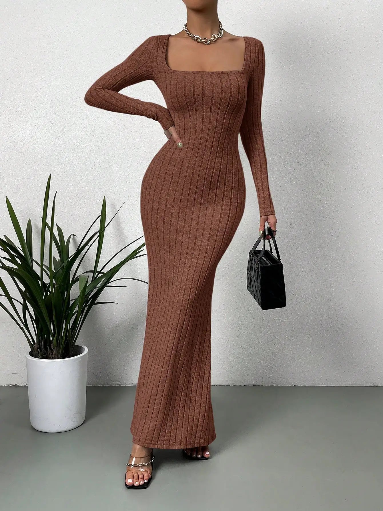 Square Neck Ribbed Knit Maxi Dress