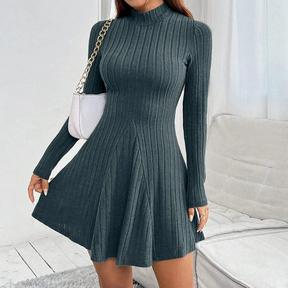 Mock Neck Flare Long Sleeve Mini Dress