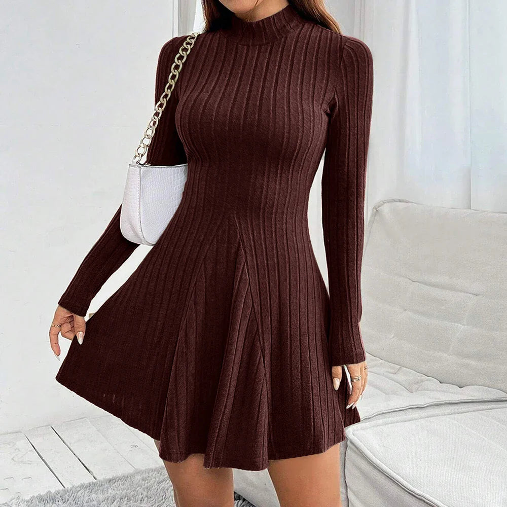 Mock Neck Flare Long Sleeve Mini Dress