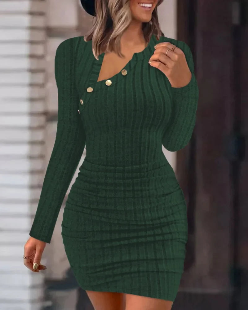 Ribbed Button Wrap Knit Mini Dress