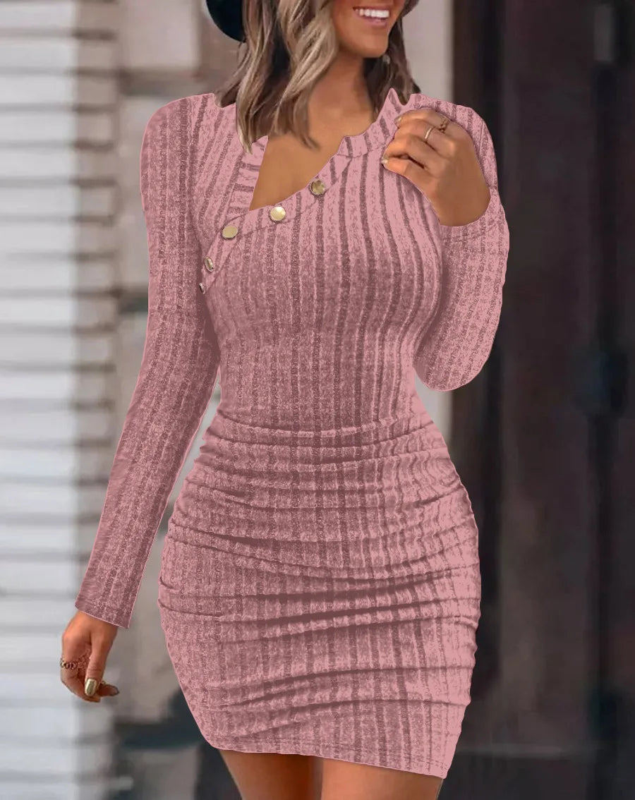 Ribbed Button Wrap Knit Mini Dress