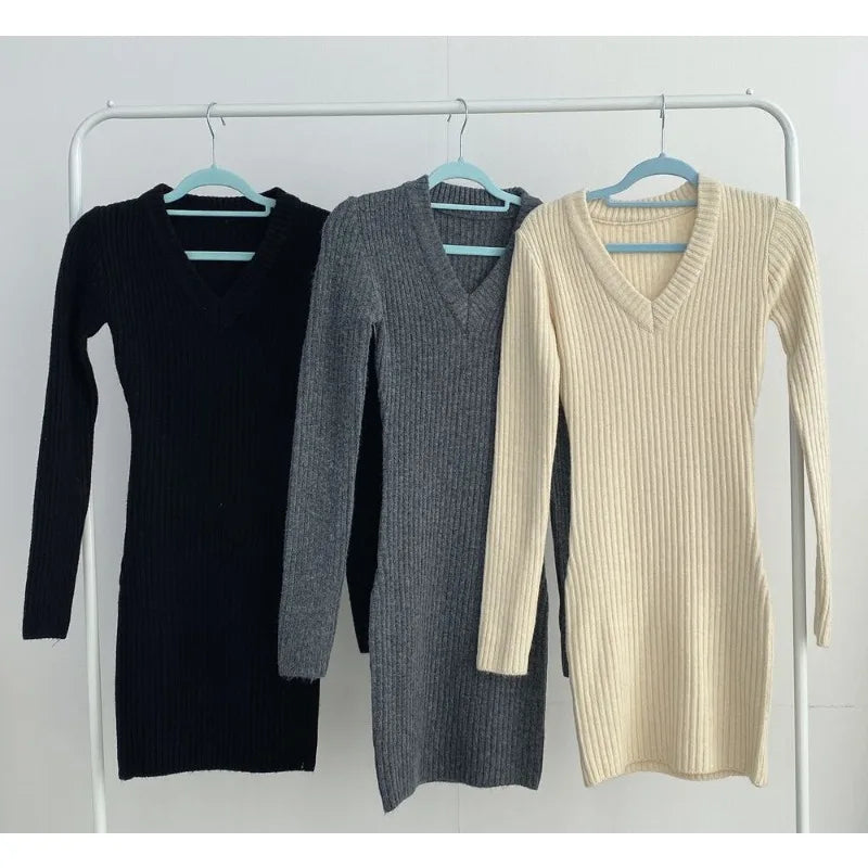 V-Neck Long Sleeve Knit Bodycon Mini Dress