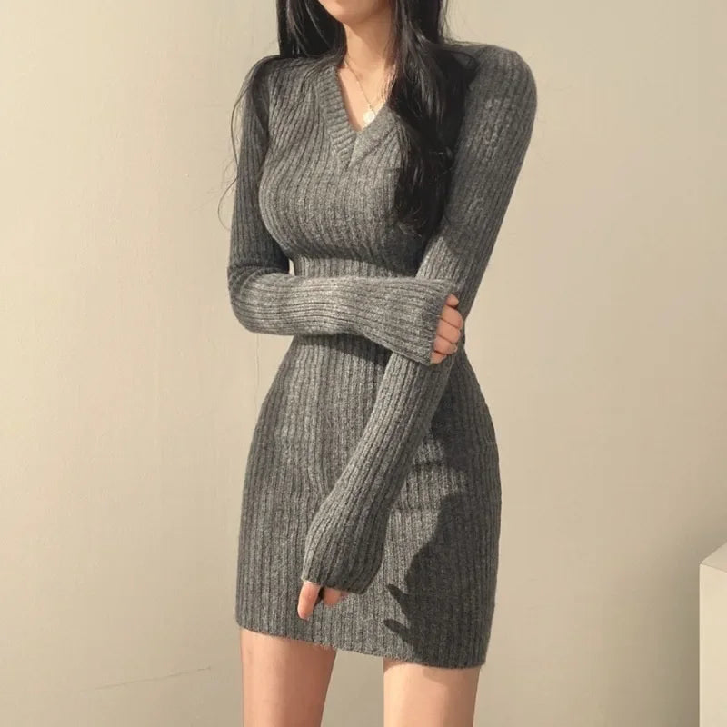 V-Neck Long Sleeve Knit Bodycon Mini Dress