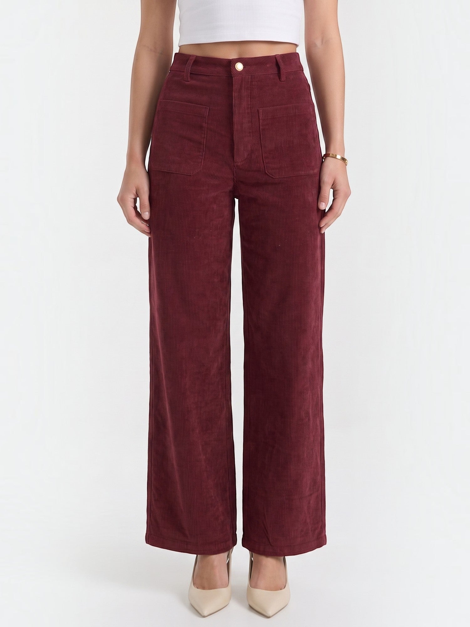 Corduroy Wide Leg Trousers with Patch Pockets