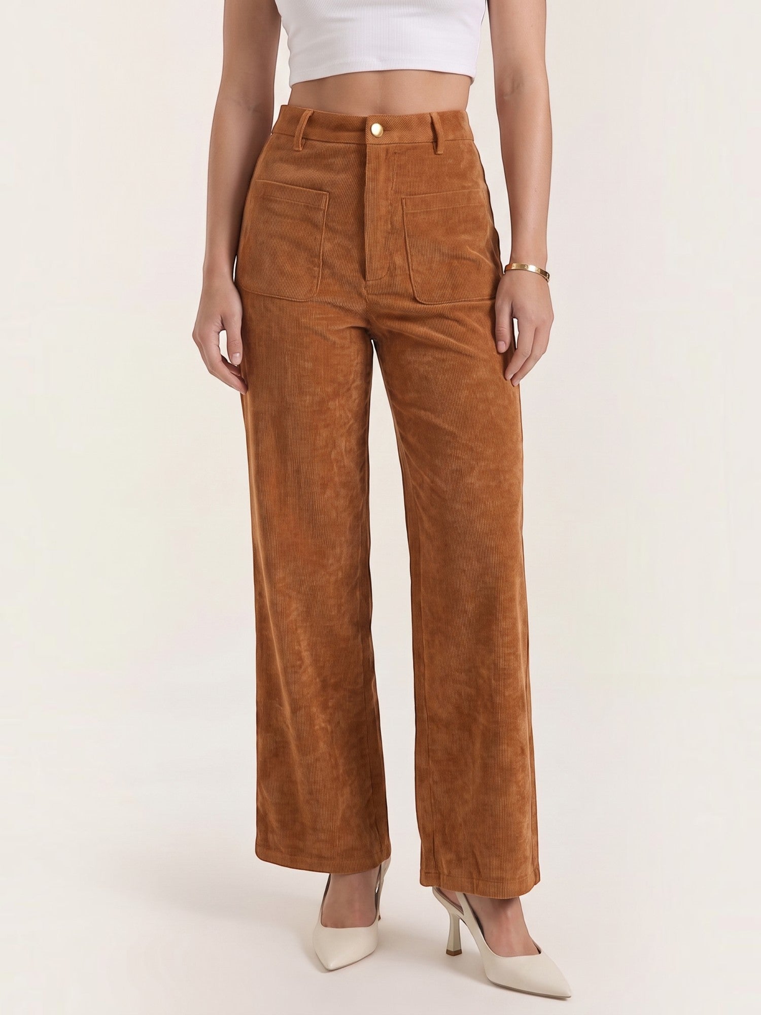 Corduroy Wide Leg Trousers with Patch Pockets