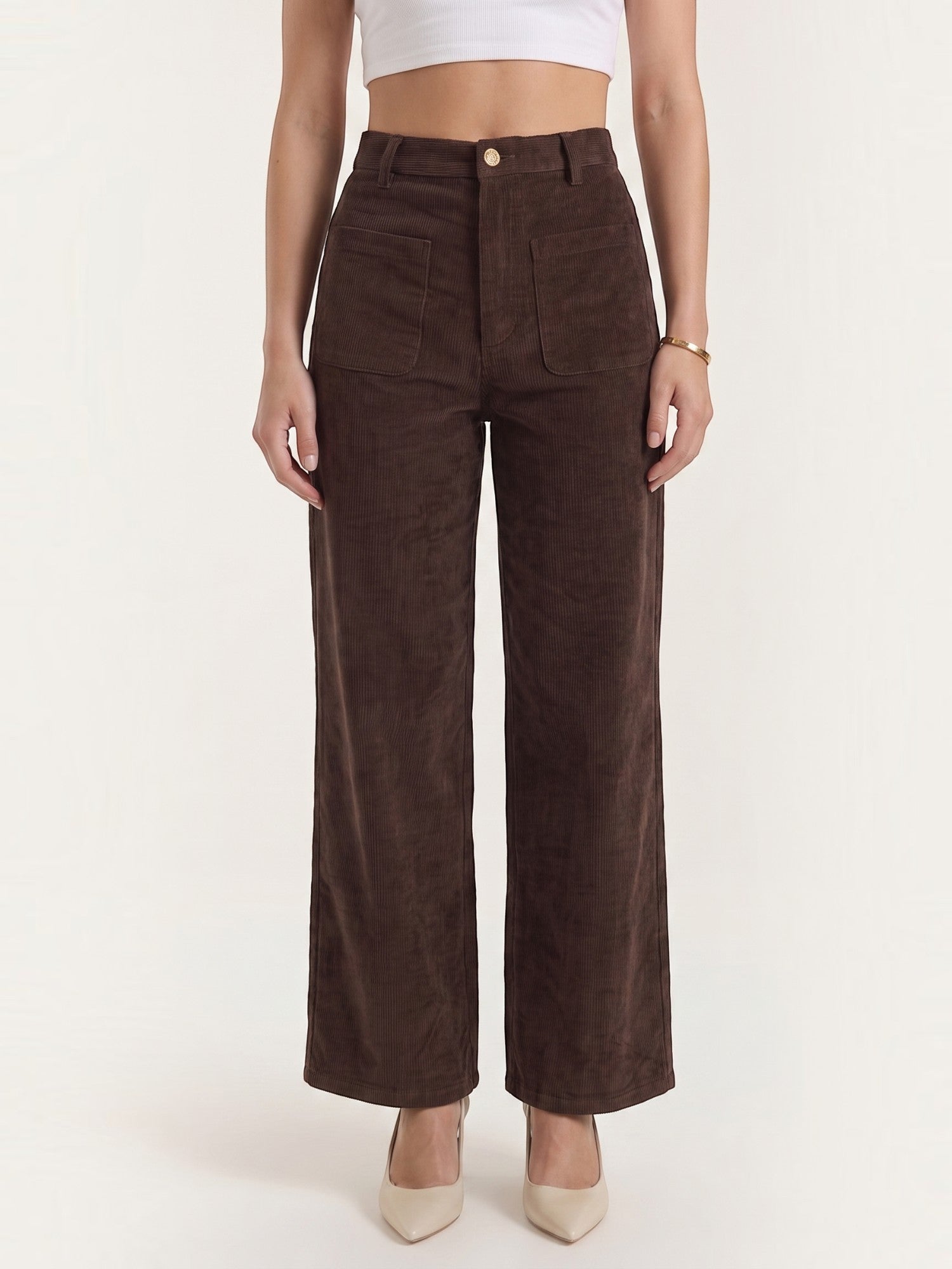 Corduroy Wide Leg Trousers with Patch Pockets