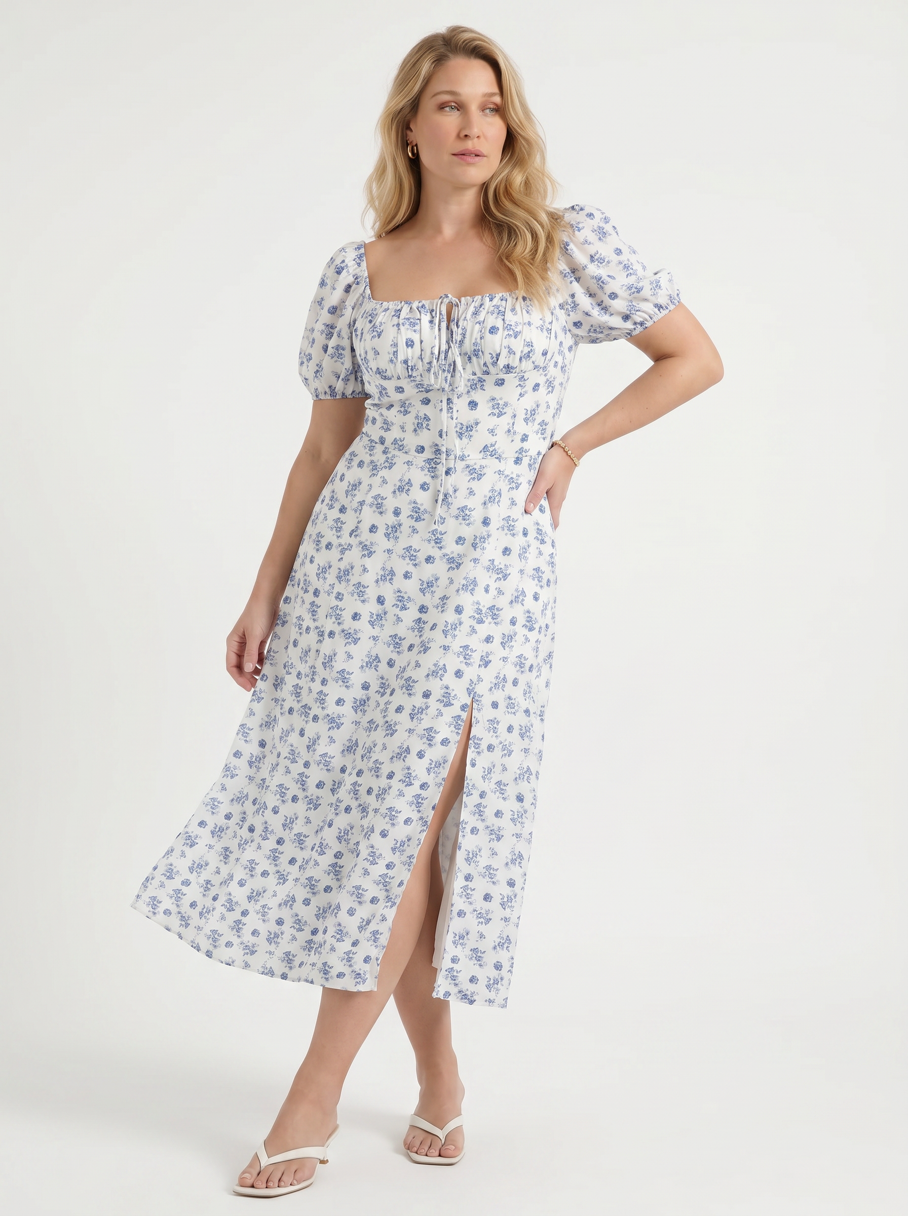 Floral Midi Dress with Puff Sleeves