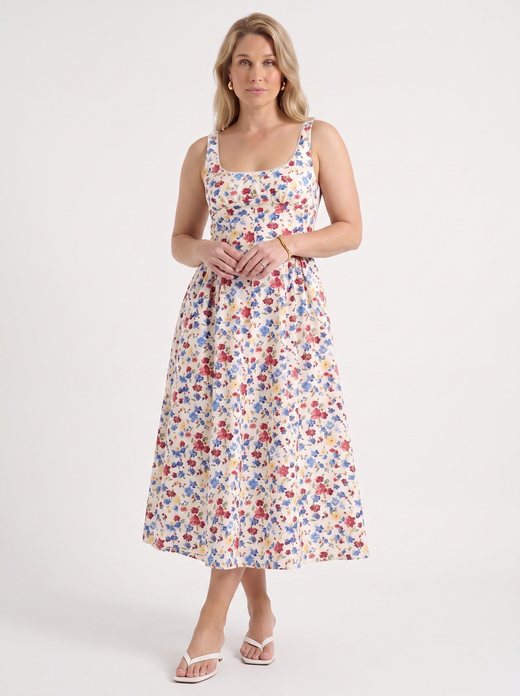 Floral Midi Dress with Square Neck