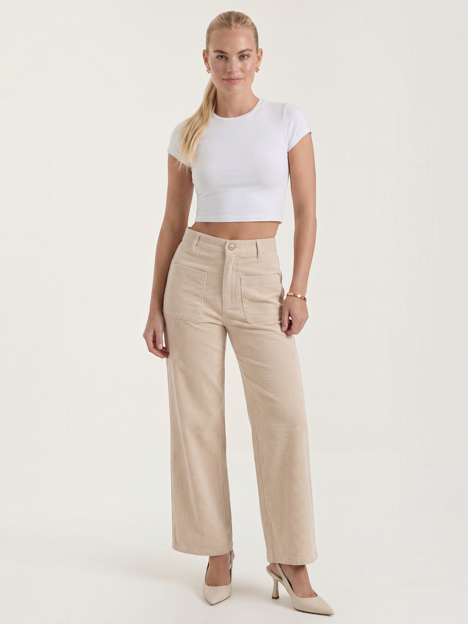 Corduroy Wide Leg Trousers with Patch Pockets