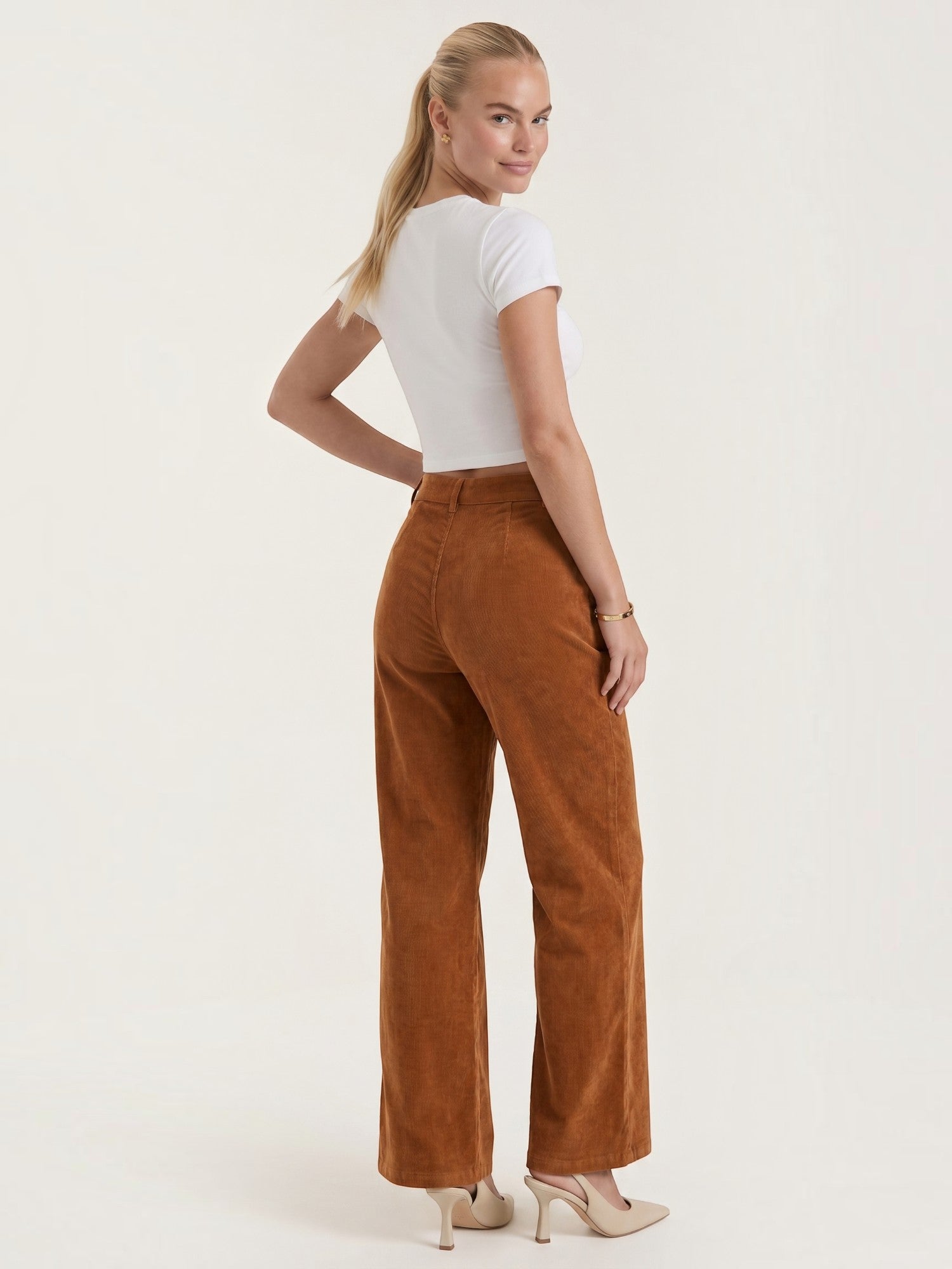 Corduroy Wide Leg Trousers with Patch Pockets