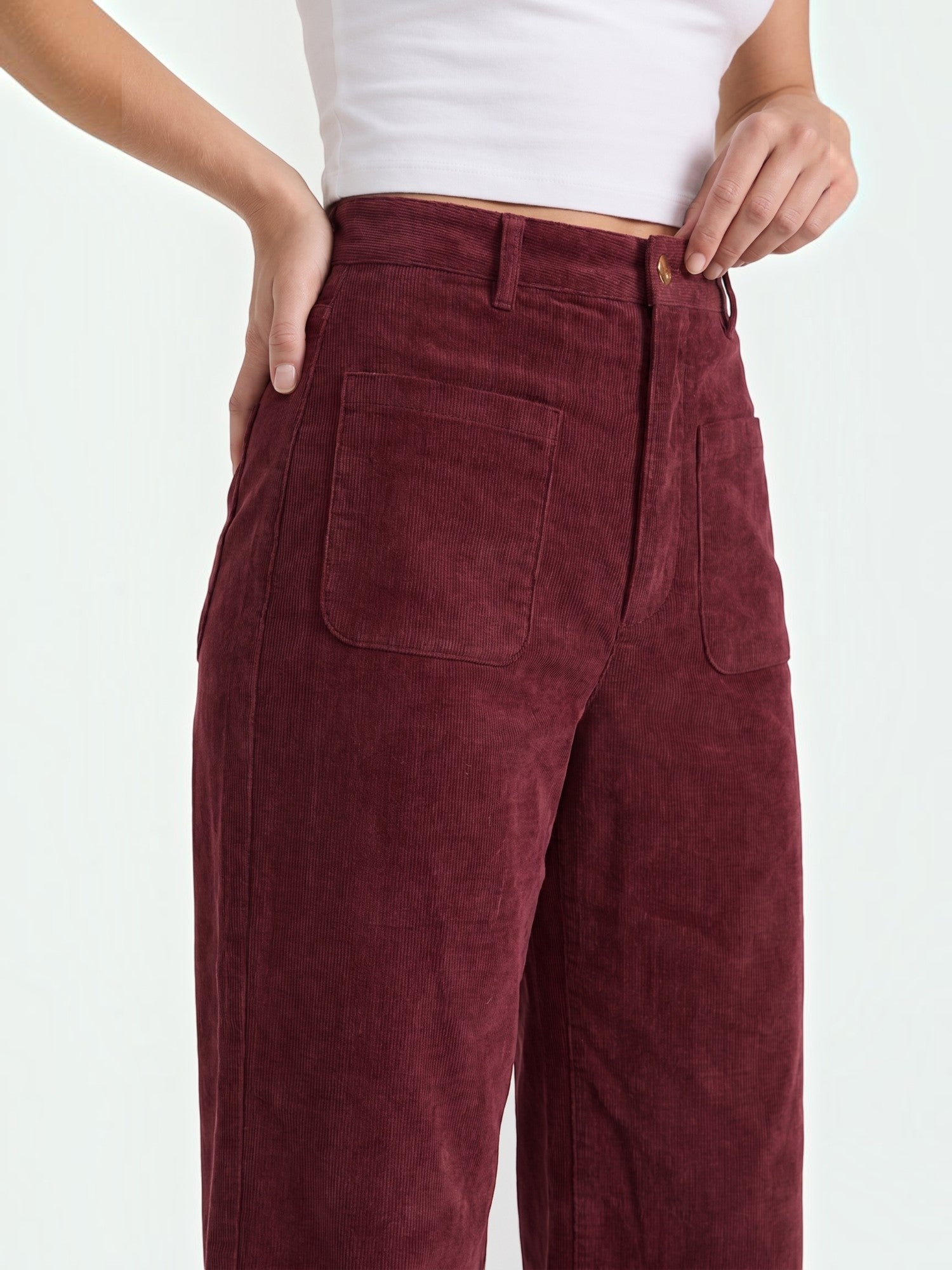Corduroy Wide Leg Trousers with Patch Pockets