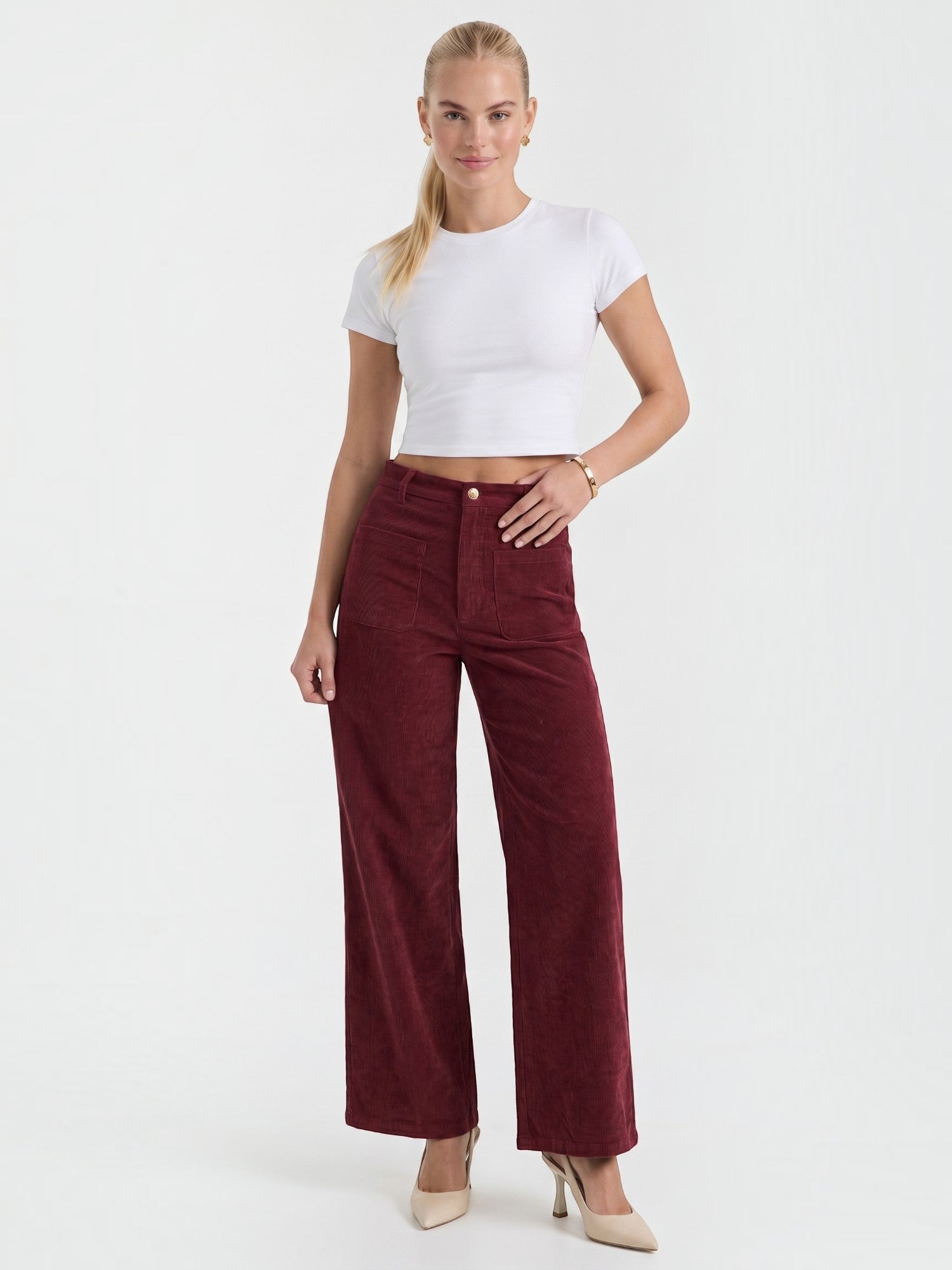 Corduroy Wide Leg Trousers with Patch Pockets