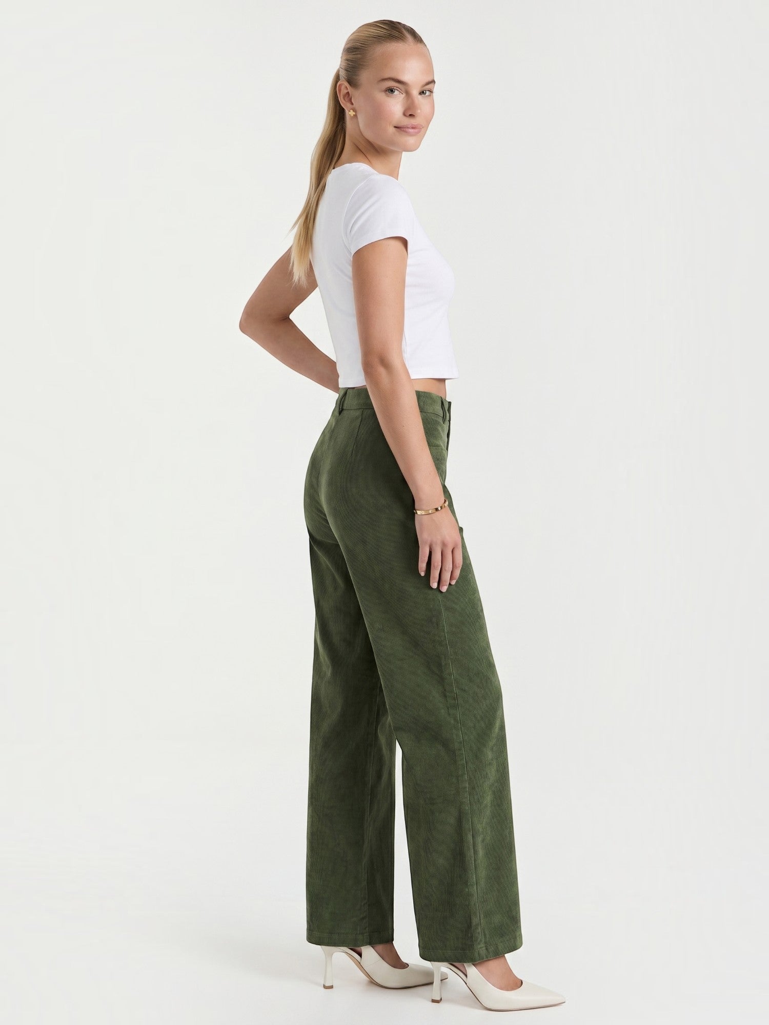 Corduroy Wide Leg Trousers with Patch Pockets