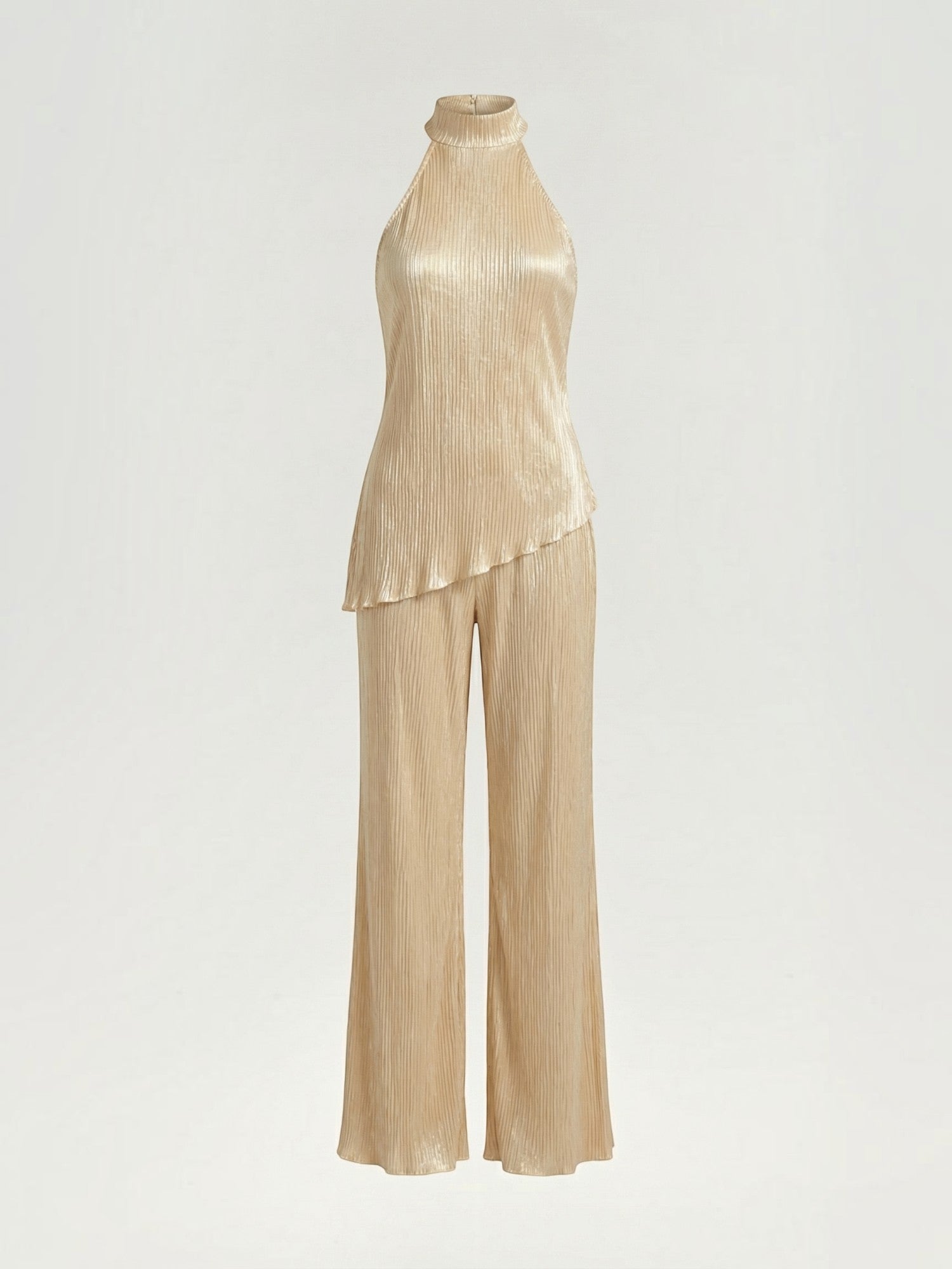 Pleated High Neck Wide Leg Jumpsuit