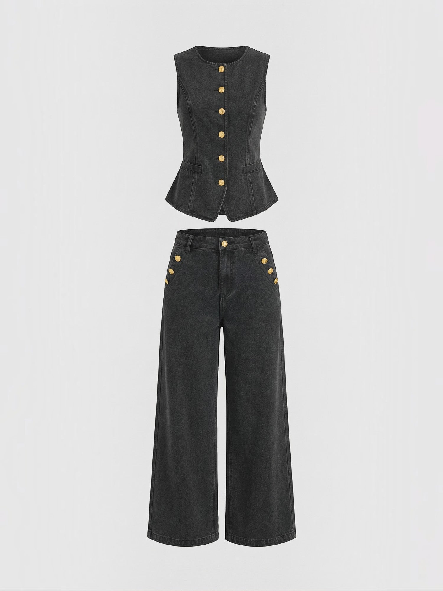 Cotton Denim Vest & Wide Leg Trousers Set