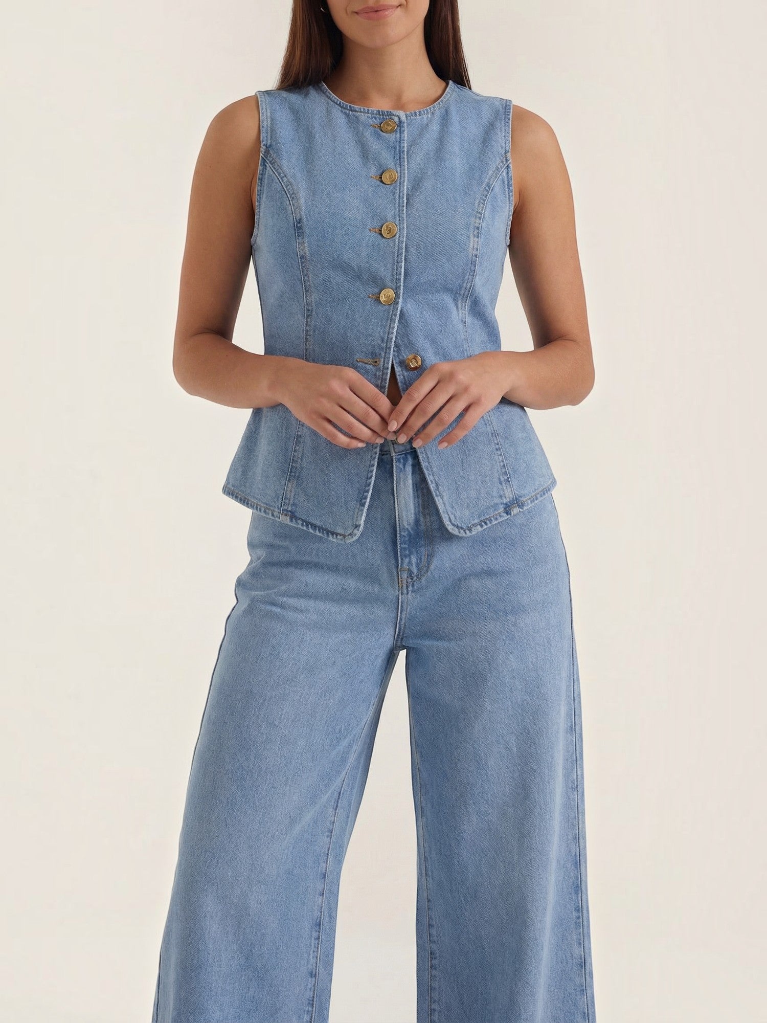 Cotton Denim Vest & Wide Leg Trousers Set