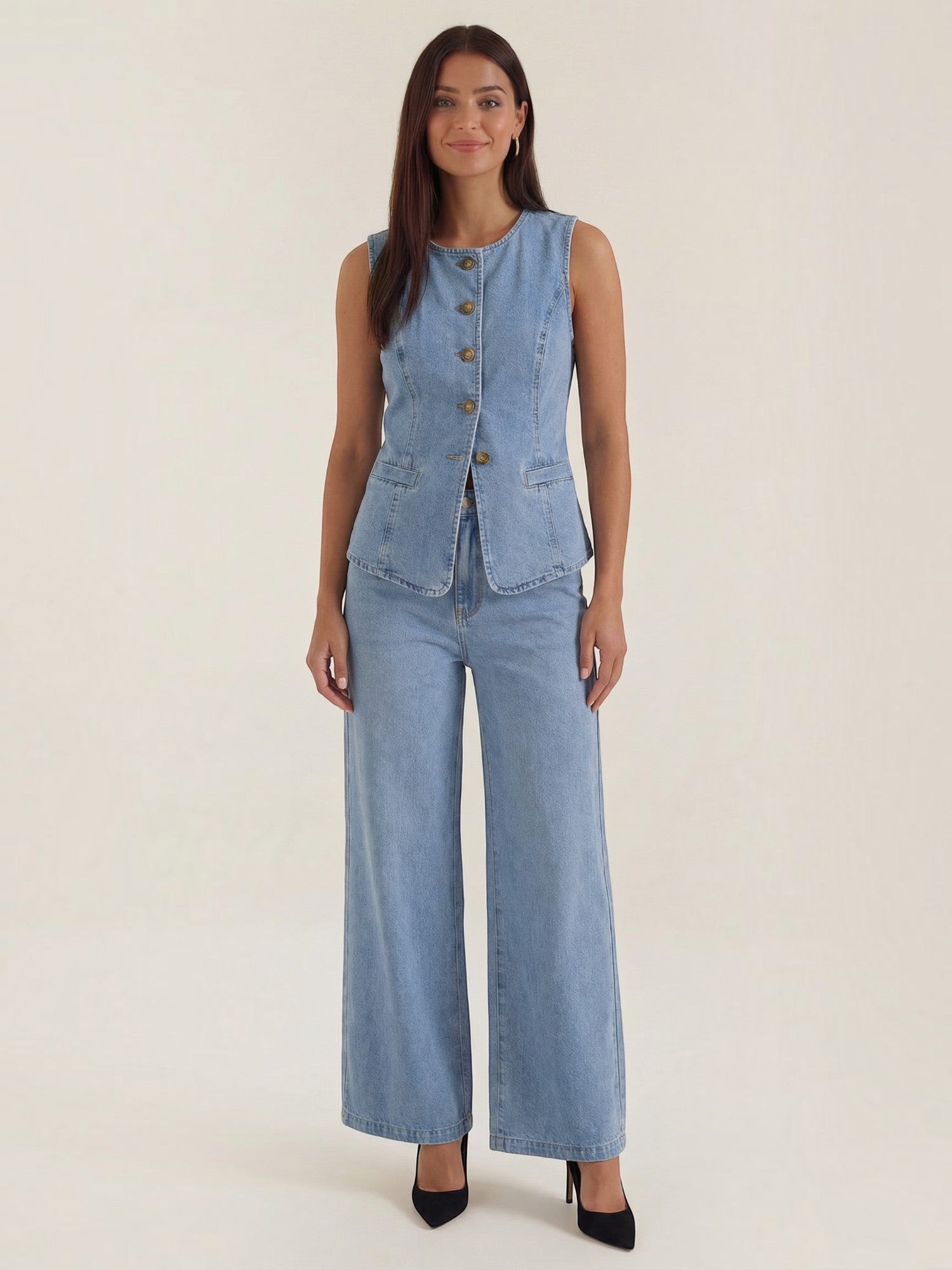Cotton Denim Vest & Wide Leg Trousers Set