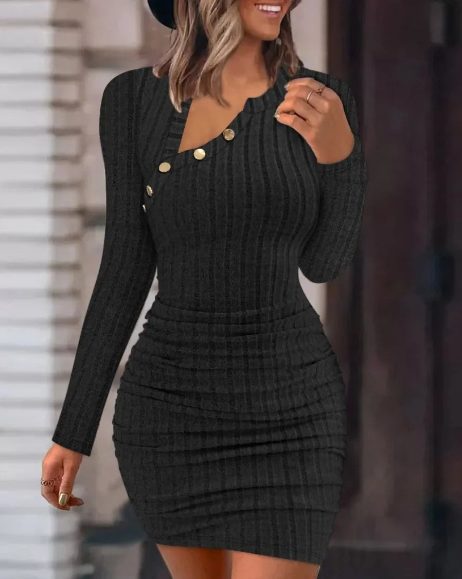 Ribbed Button Wrap Knit Mini Dress