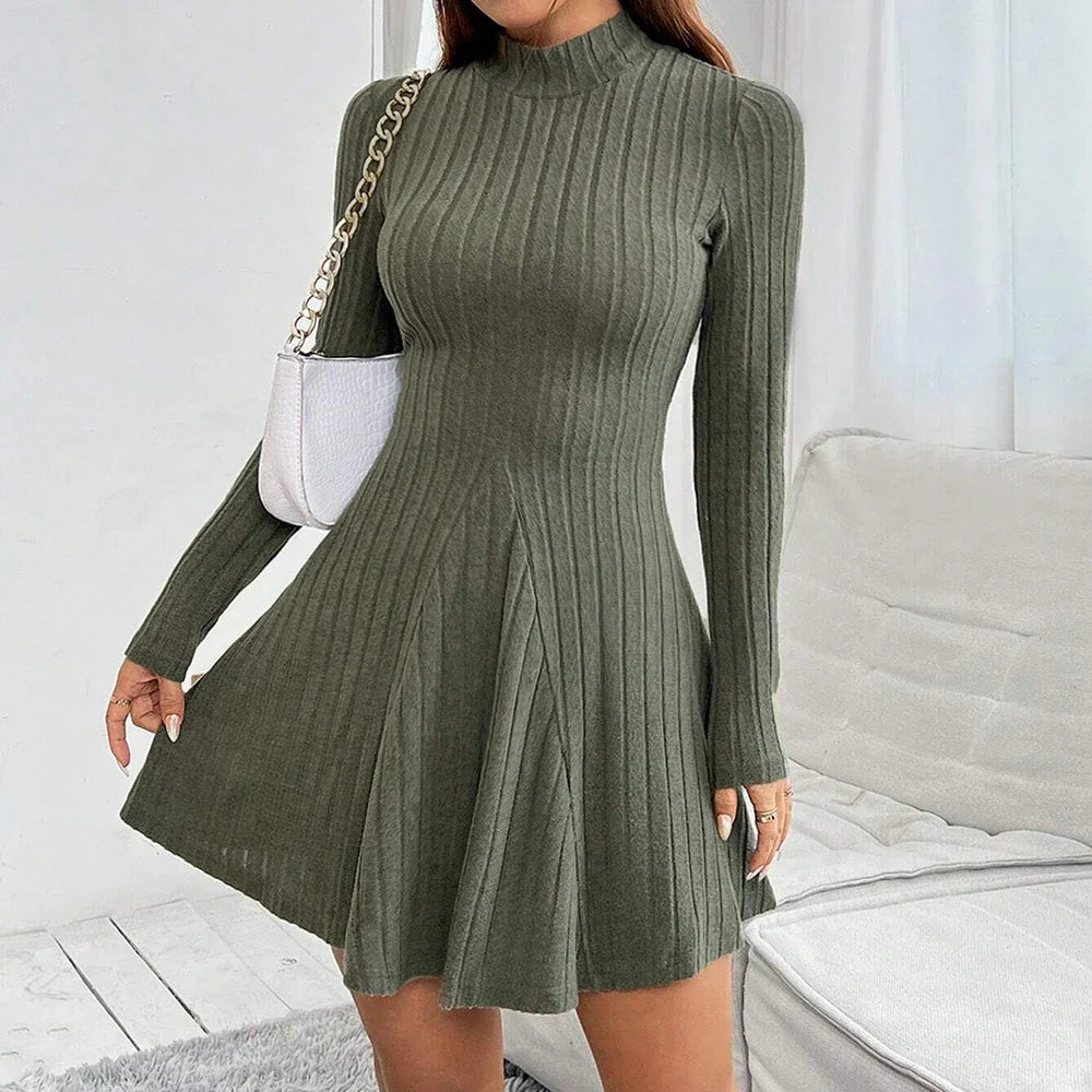 Mock Neck Flare Long Sleeve Mini Dress