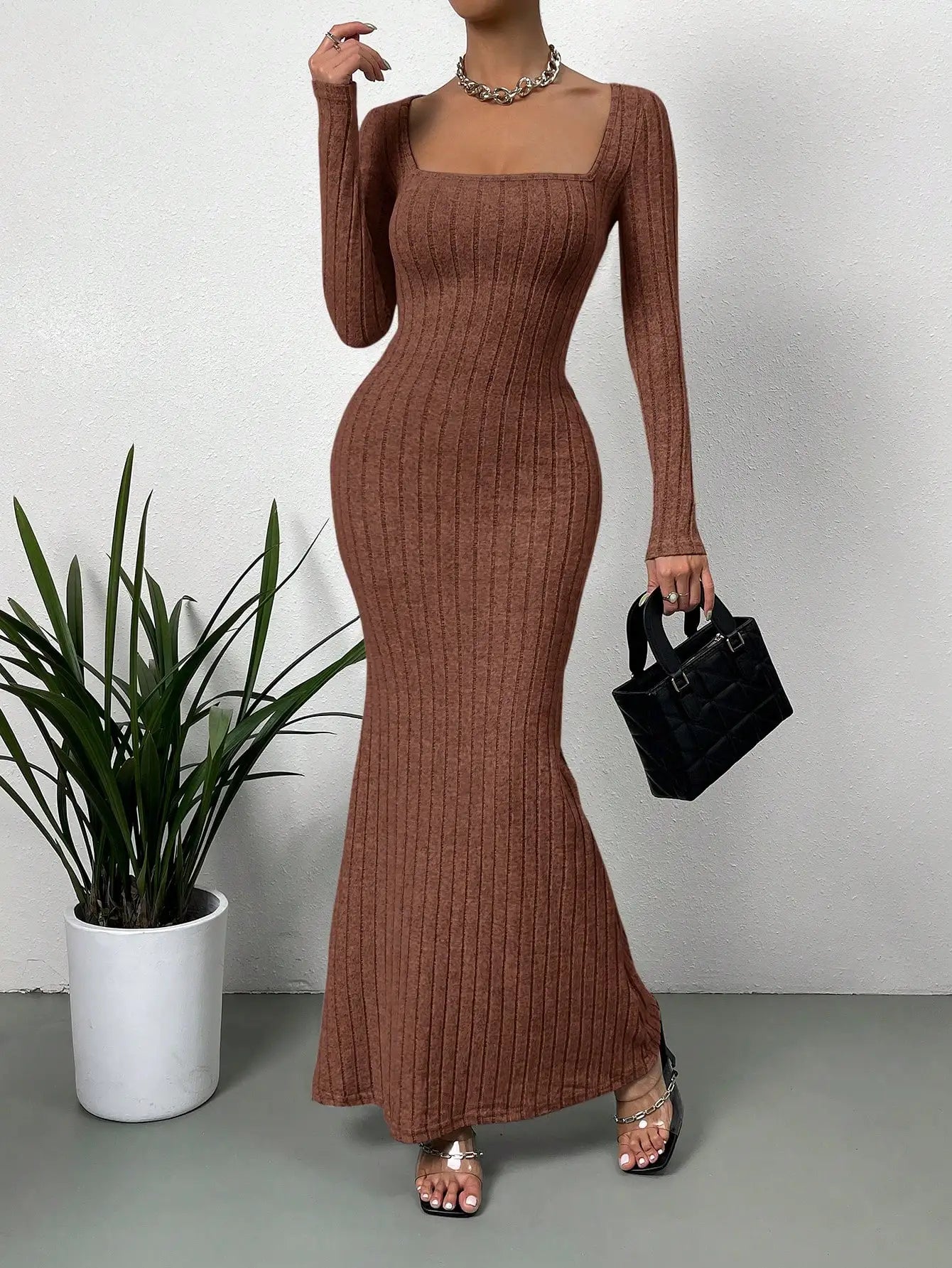 Square Neck Ribbed Knit Maxi Dress