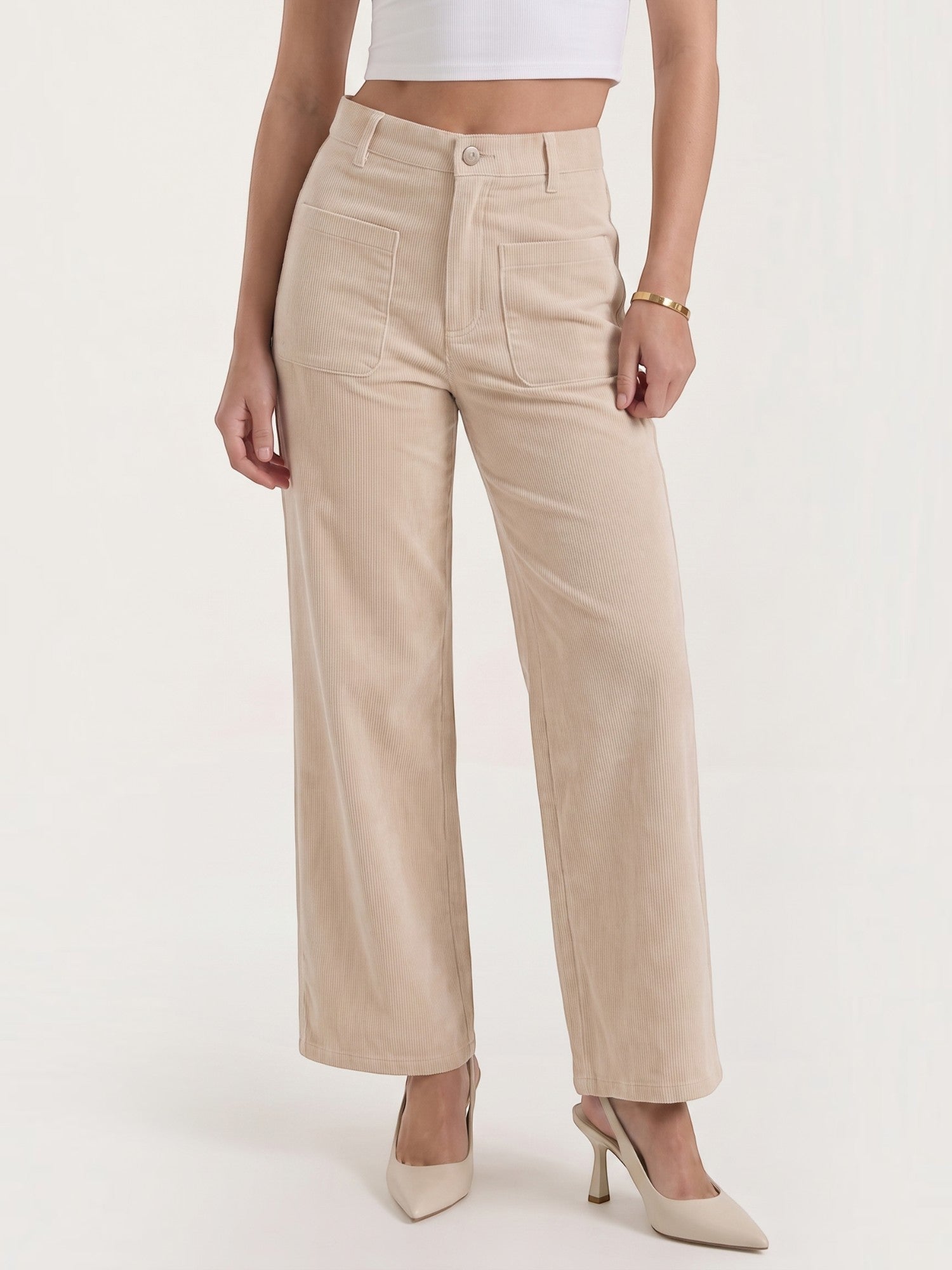 Corduroy Wide Leg Trousers with Patch Pockets