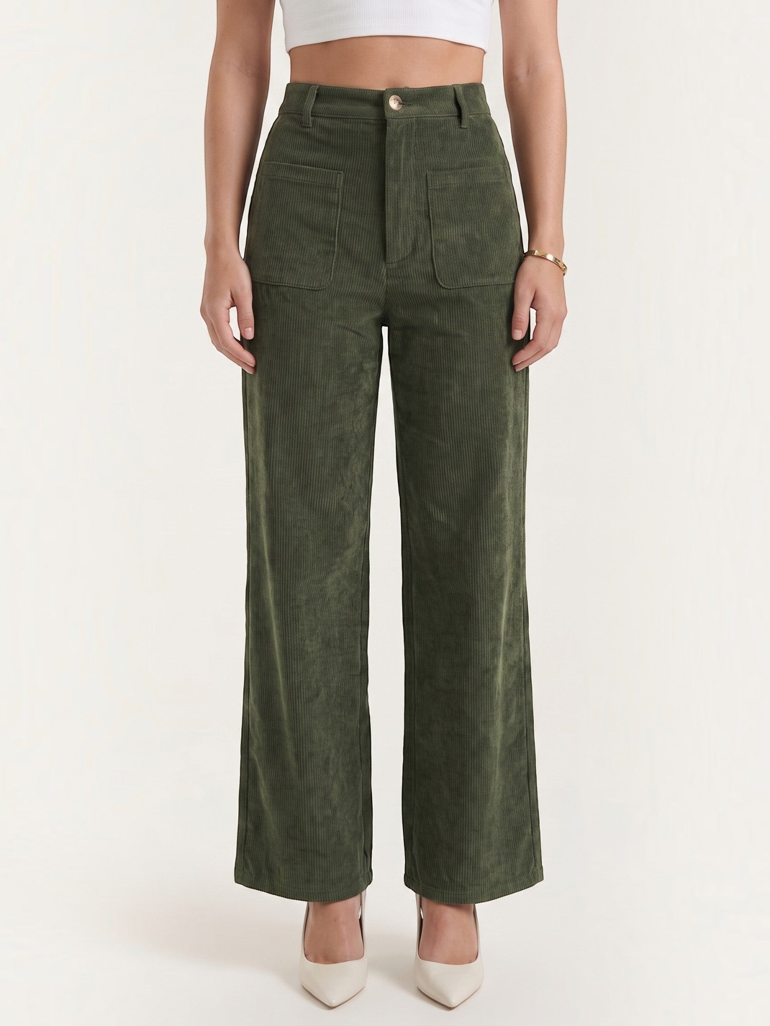 Corduroy Wide Leg Trousers with Patch Pockets