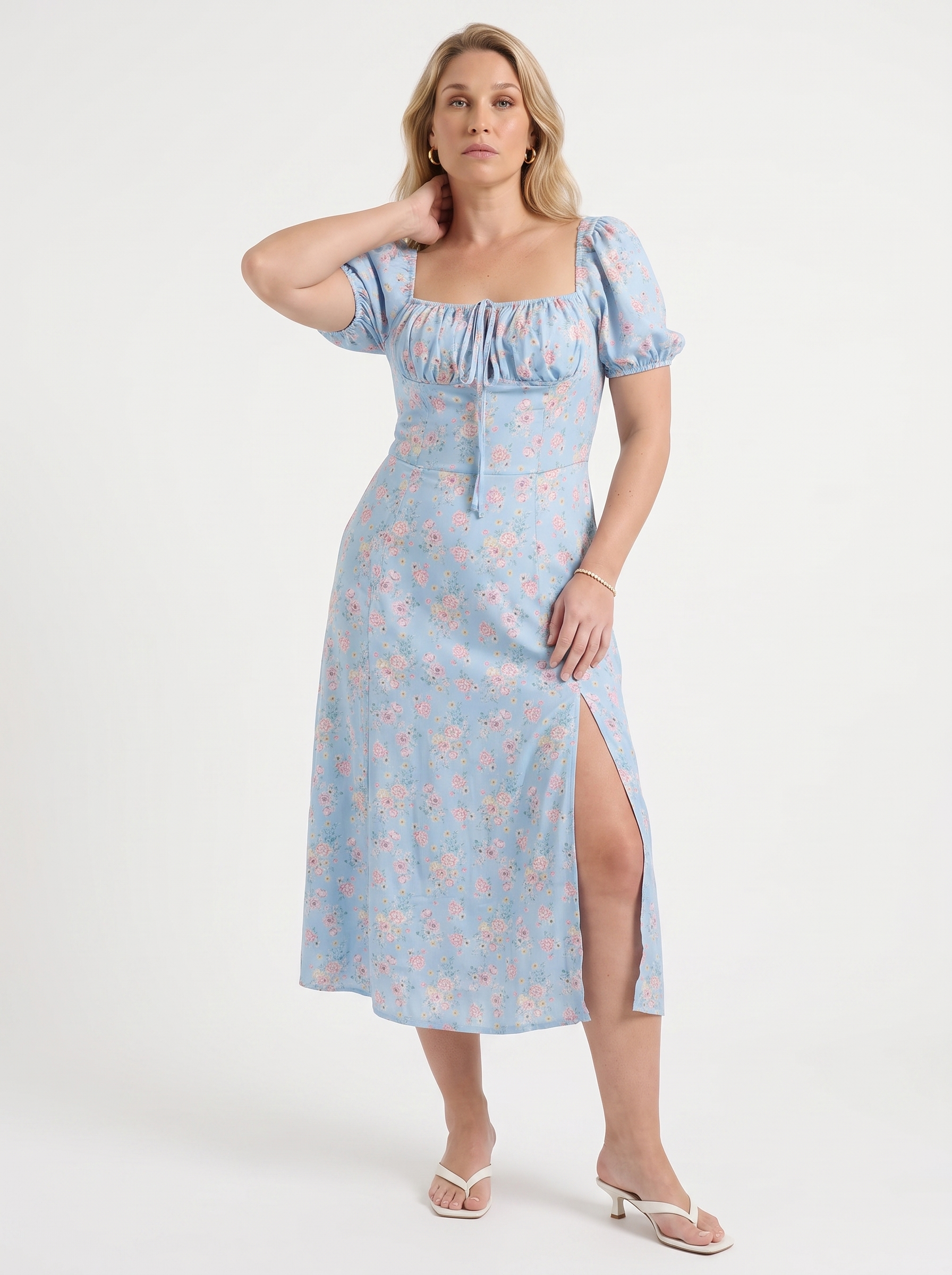 Floral Midi Dress with Puff Sleeves