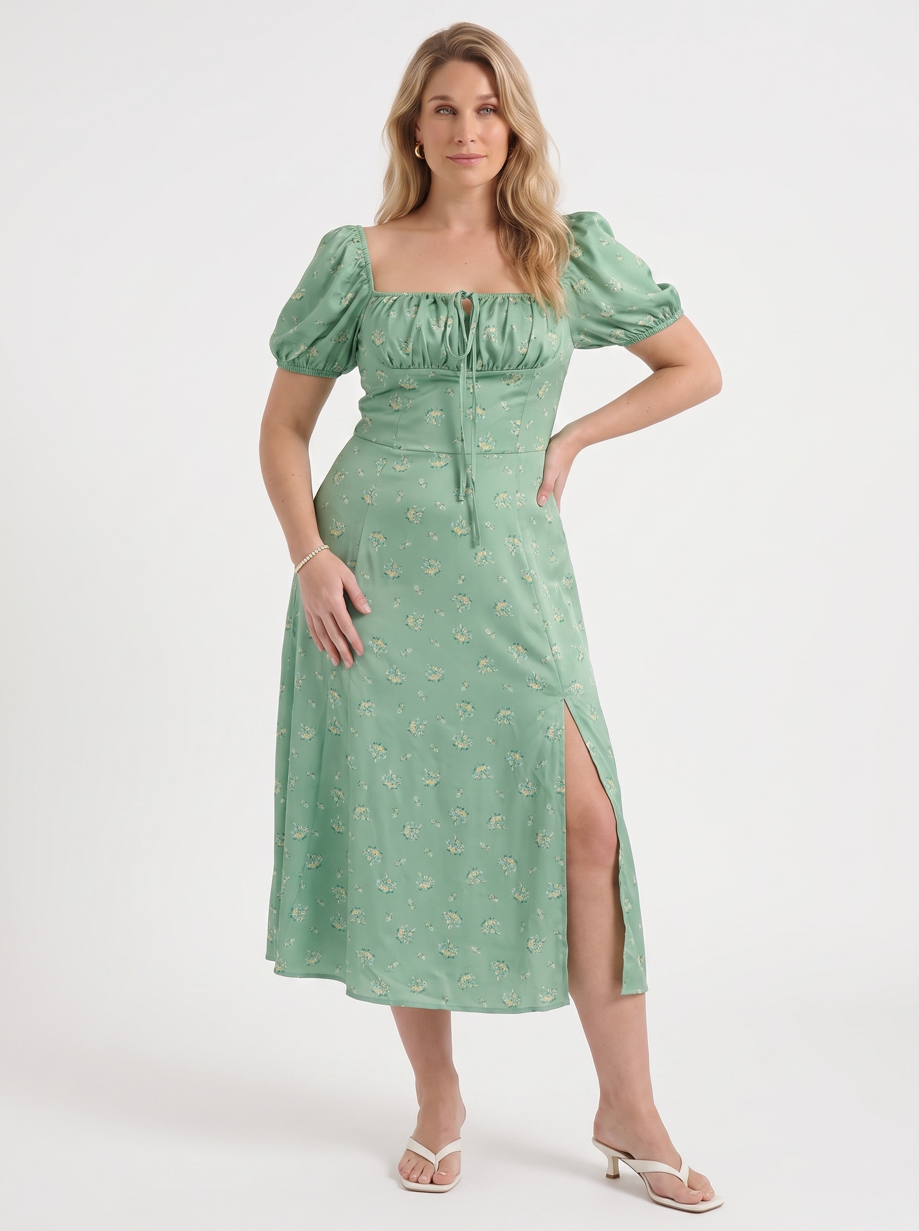 Floral Midi Dress with Puff Sleeves