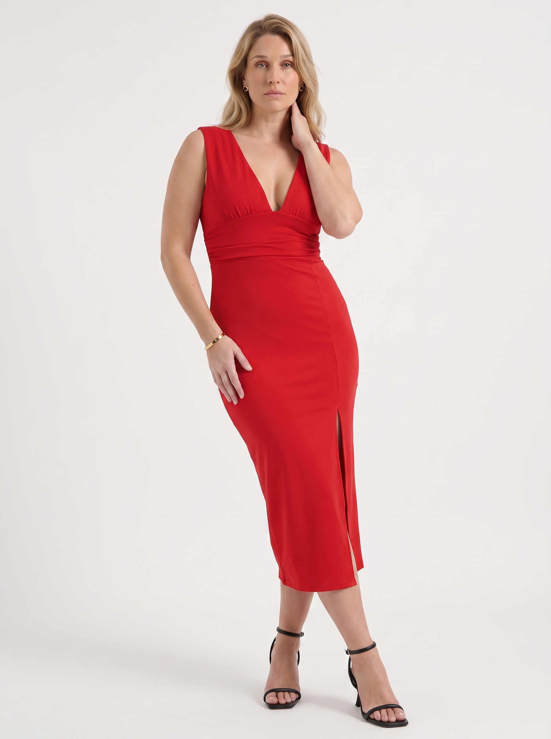 V-Neck Midi Dress with Side Slit