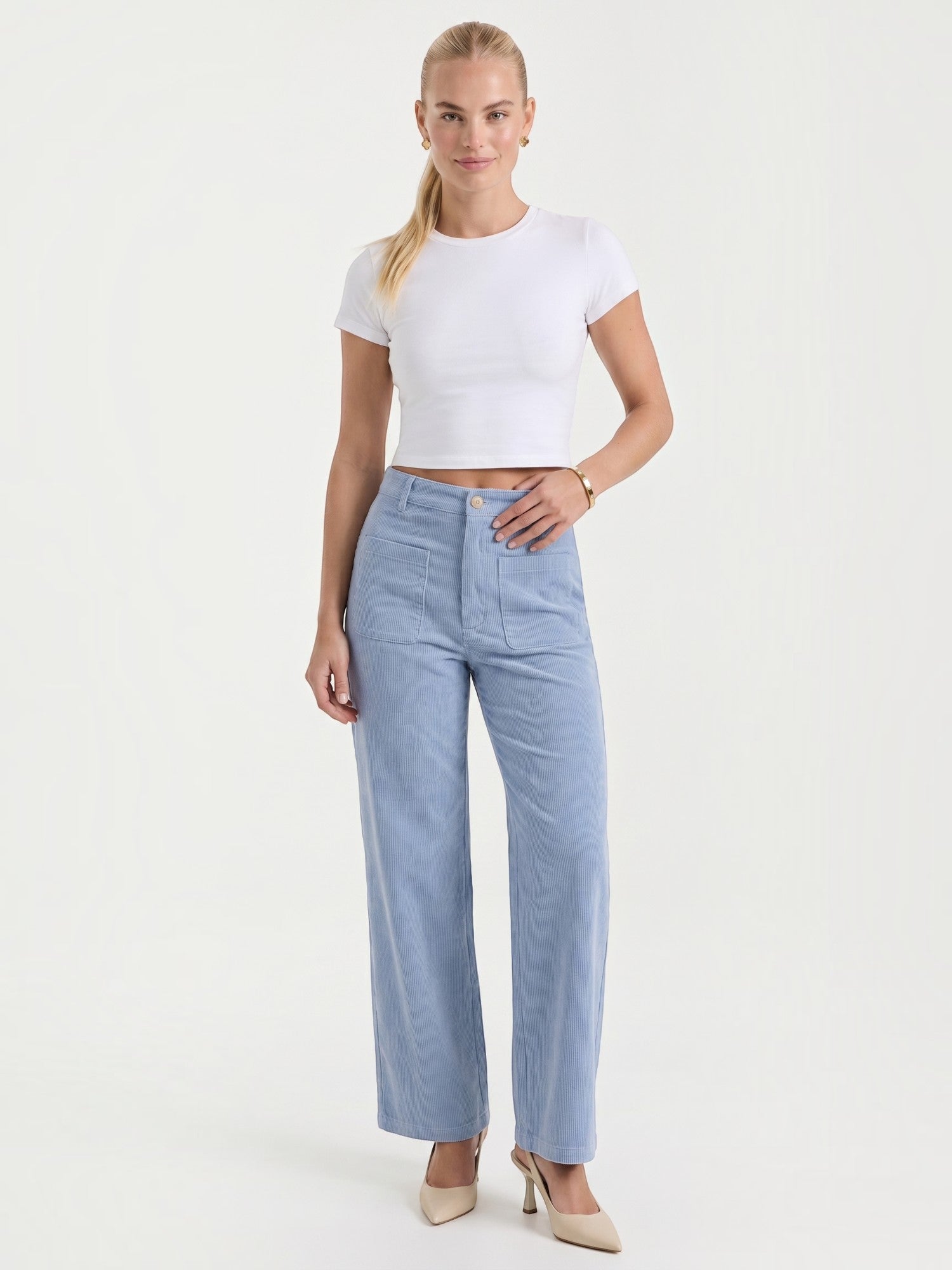 Corduroy Wide Leg Trousers with Patch Pockets