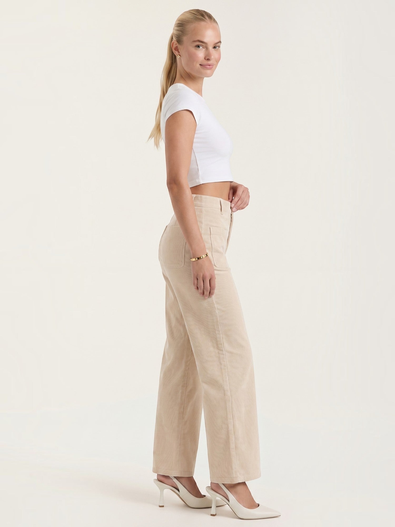 Corduroy Wide Leg Trousers with Patch Pockets