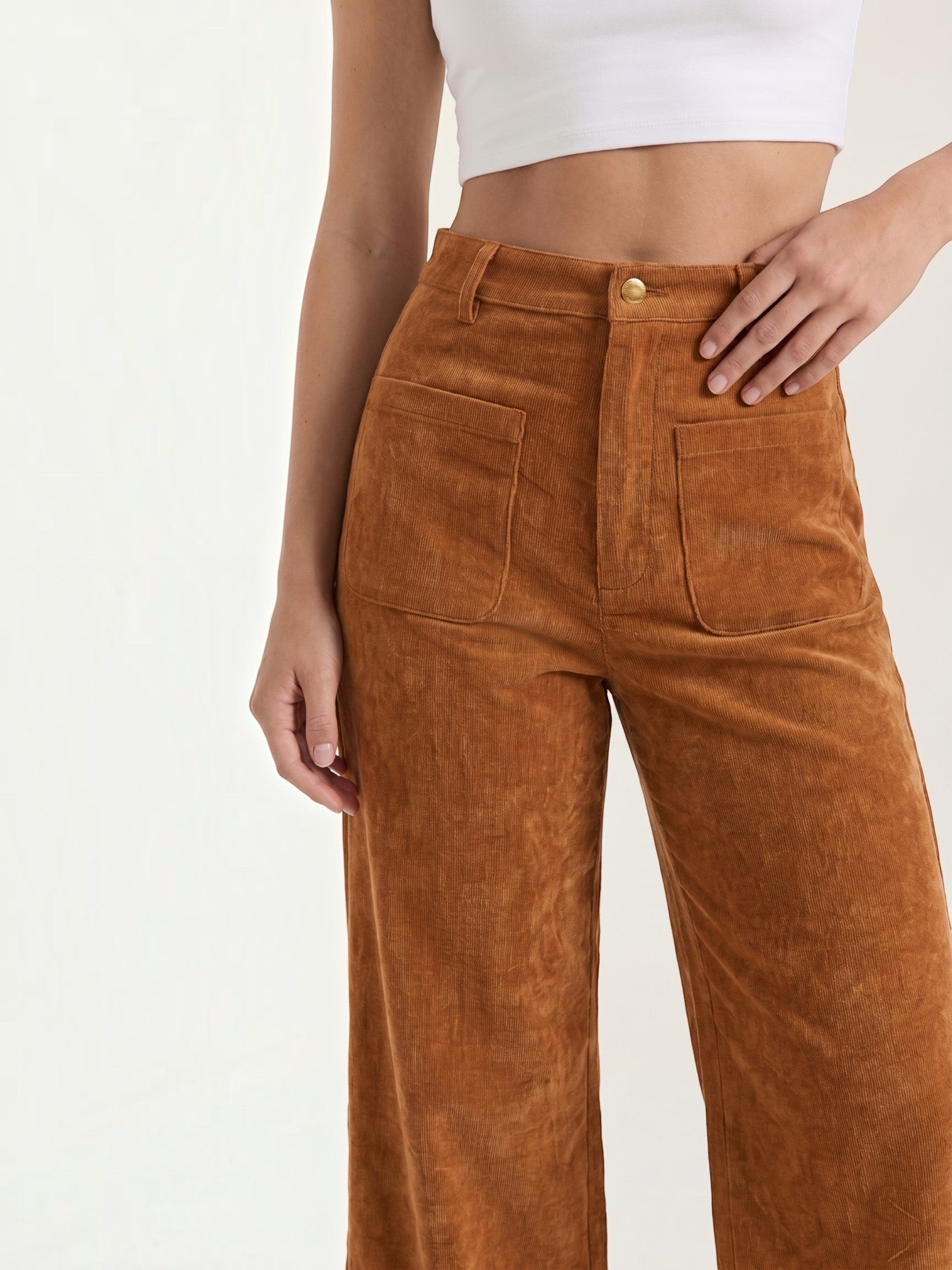 Corduroy Wide Leg Trousers with Patch Pockets