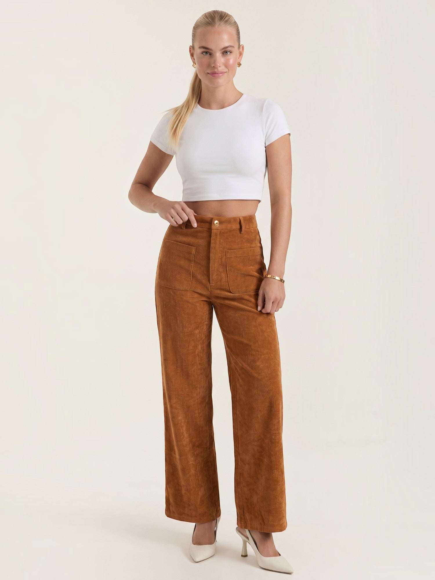 Corduroy Wide Leg Trousers with Patch Pockets