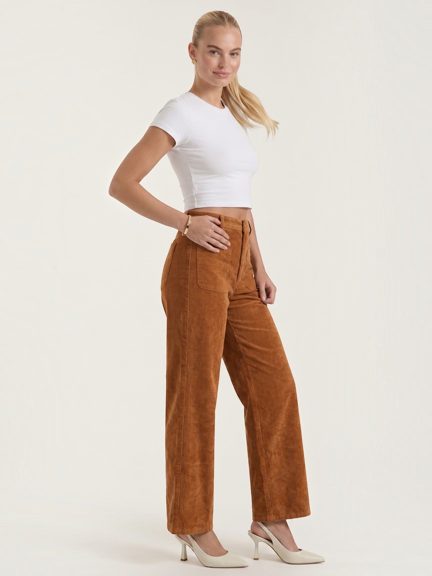 Corduroy Wide Leg Trousers with Patch Pockets