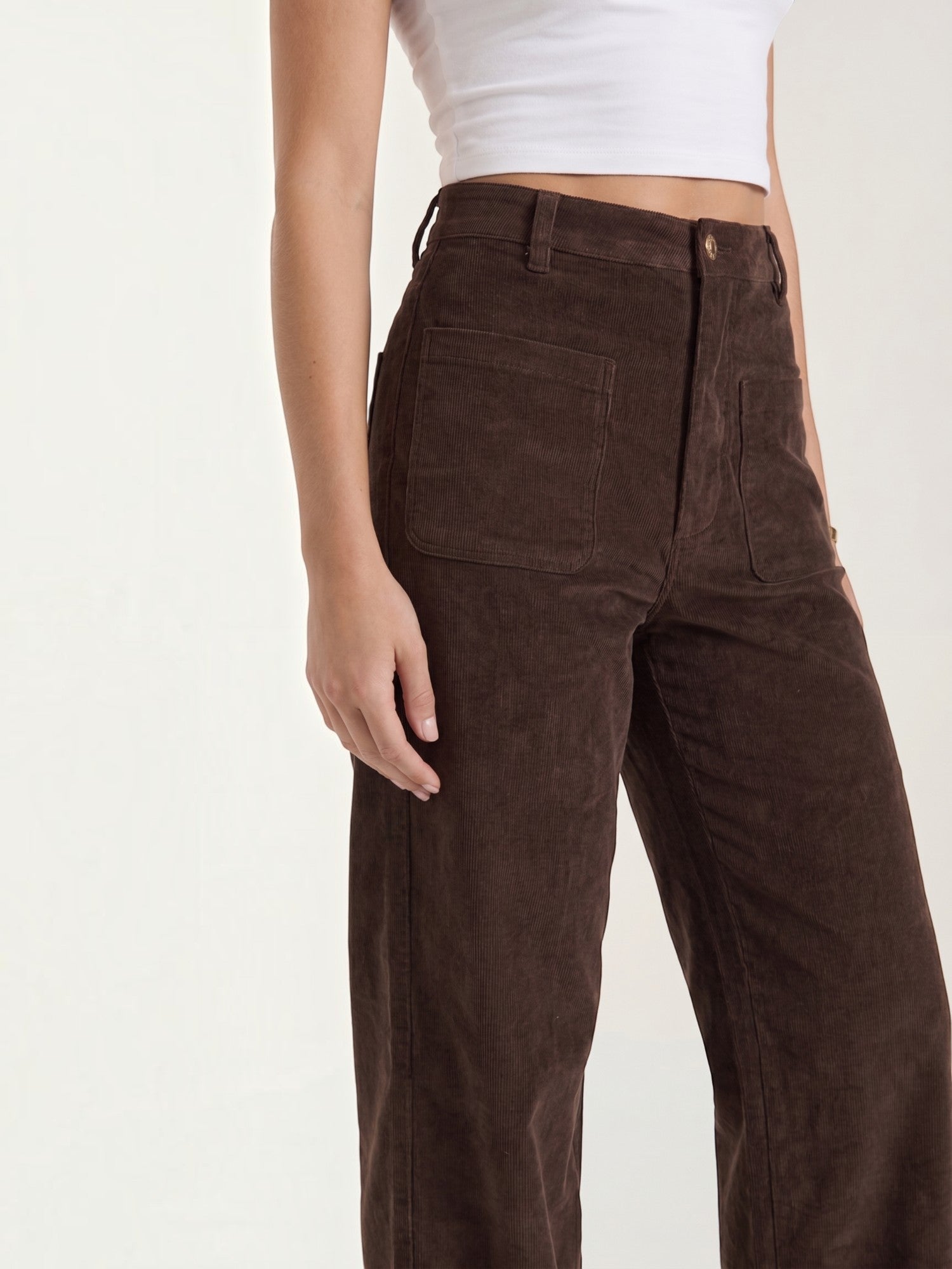 Corduroy Wide Leg Trousers with Patch Pockets