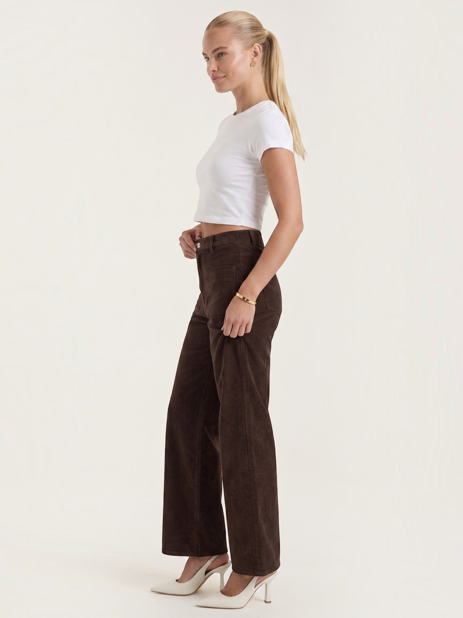 Corduroy Wide Leg Trousers with Patch Pockets