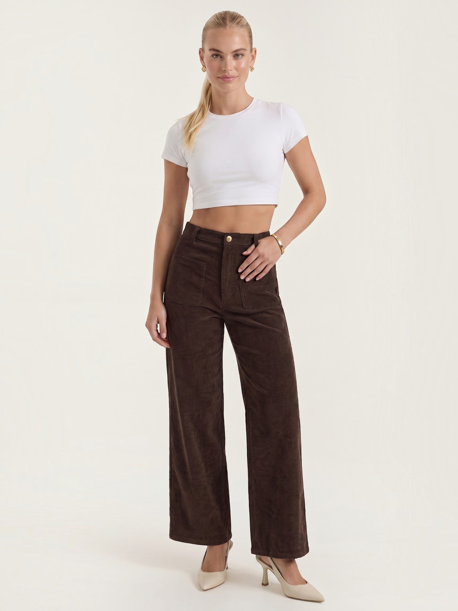 Corduroy Wide Leg Trousers with Patch Pockets