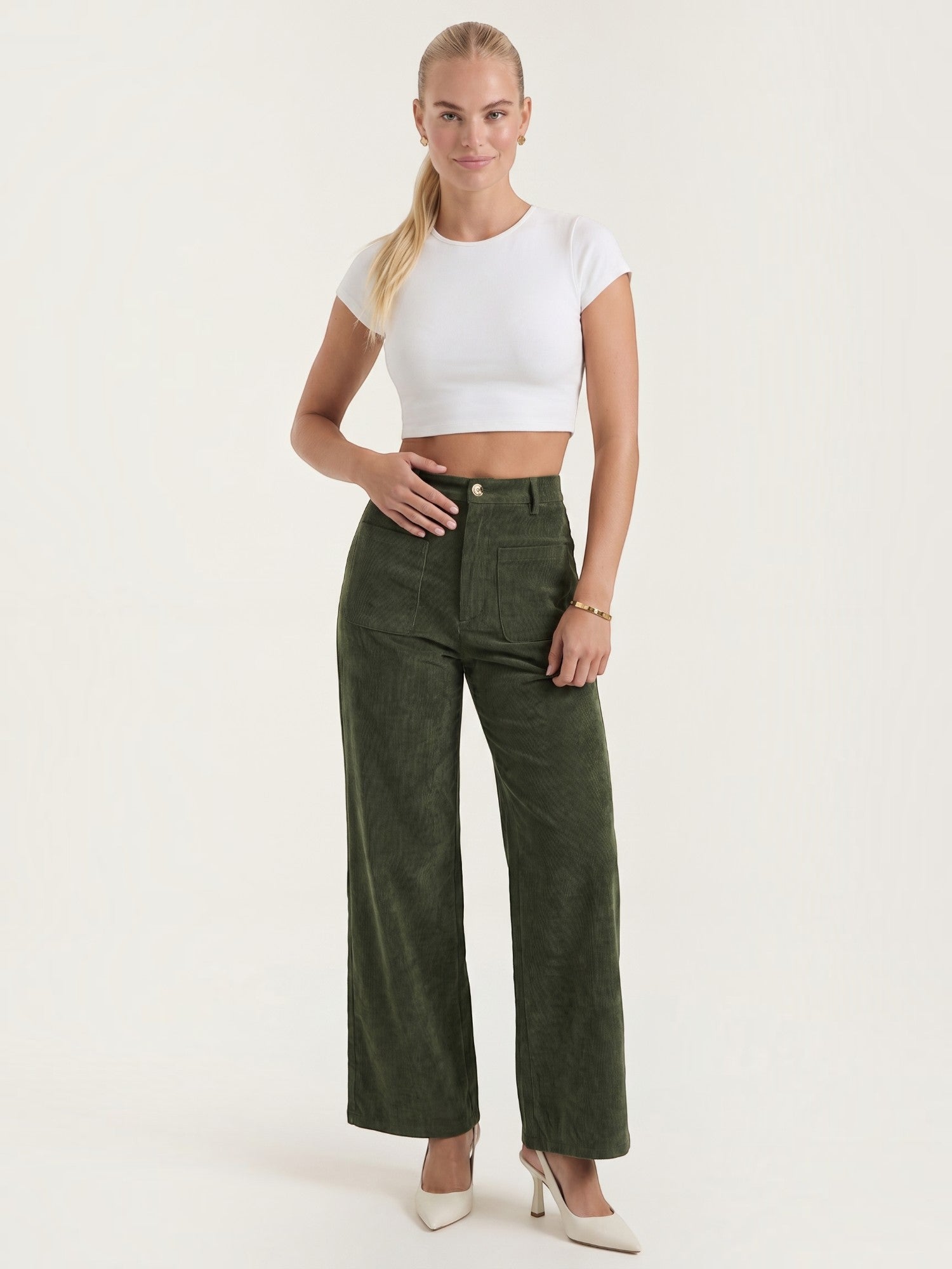 Corduroy Wide Leg Trousers with Patch Pockets