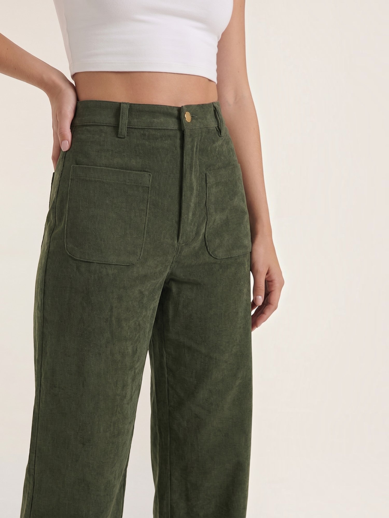 Corduroy Wide Leg Trousers with Patch Pockets